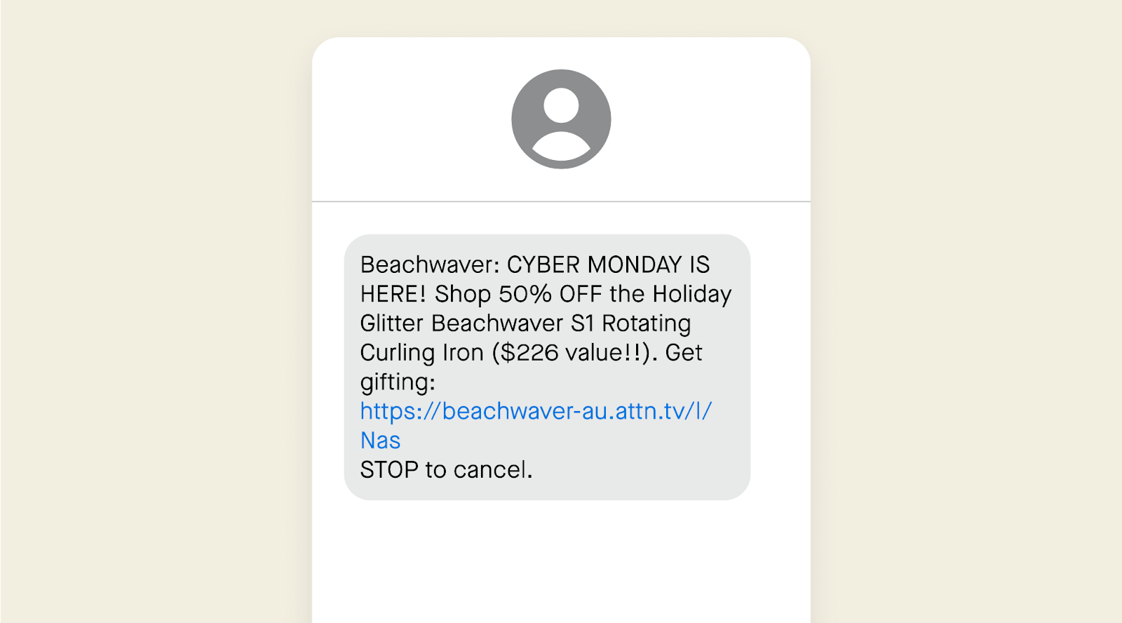 Cyber Monday text message example from Beachwaver