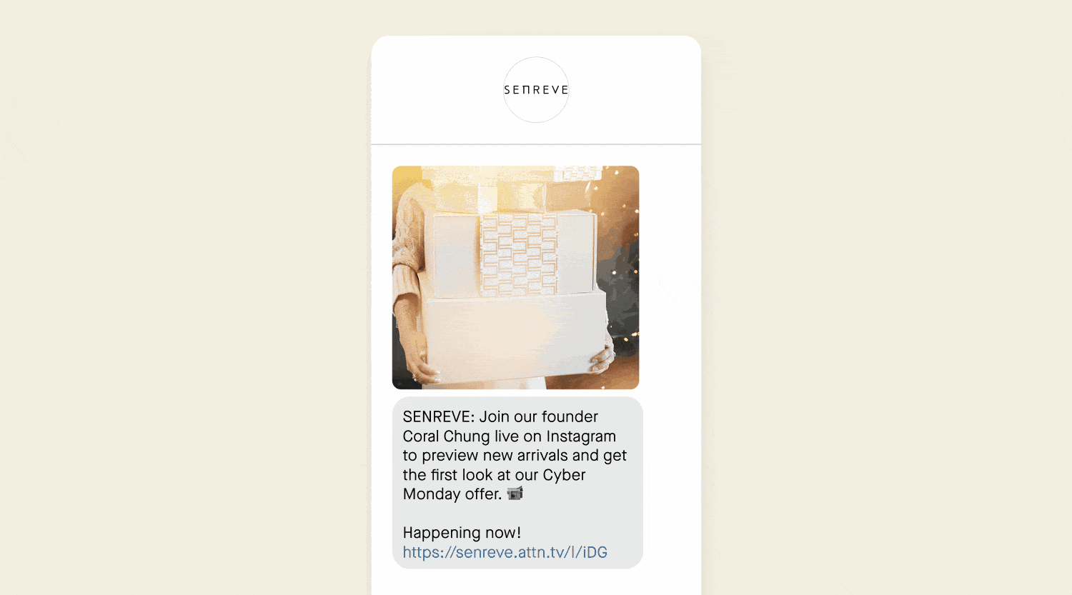 Cyber Monday text message example from Senreve
