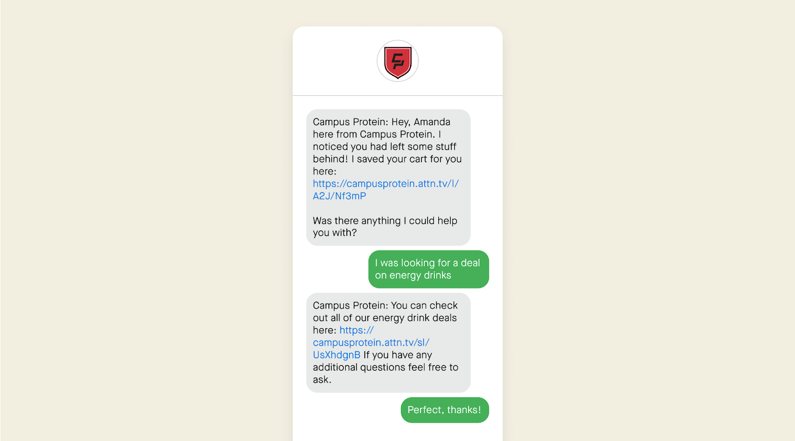 Attentive Concierge abandoned cart reminder text message from Campus Protein