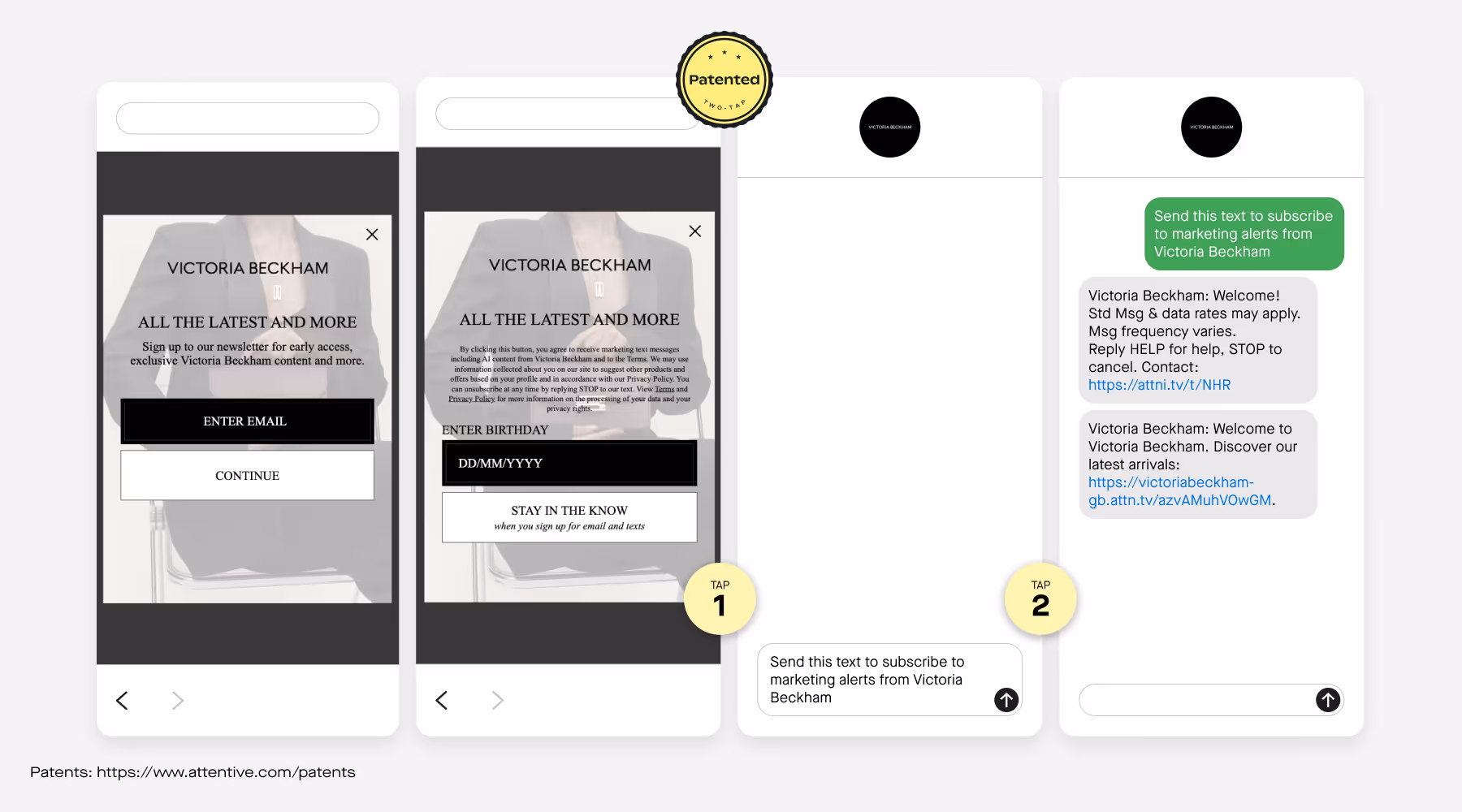 Victoria Beckham's SMS and email sign-up units