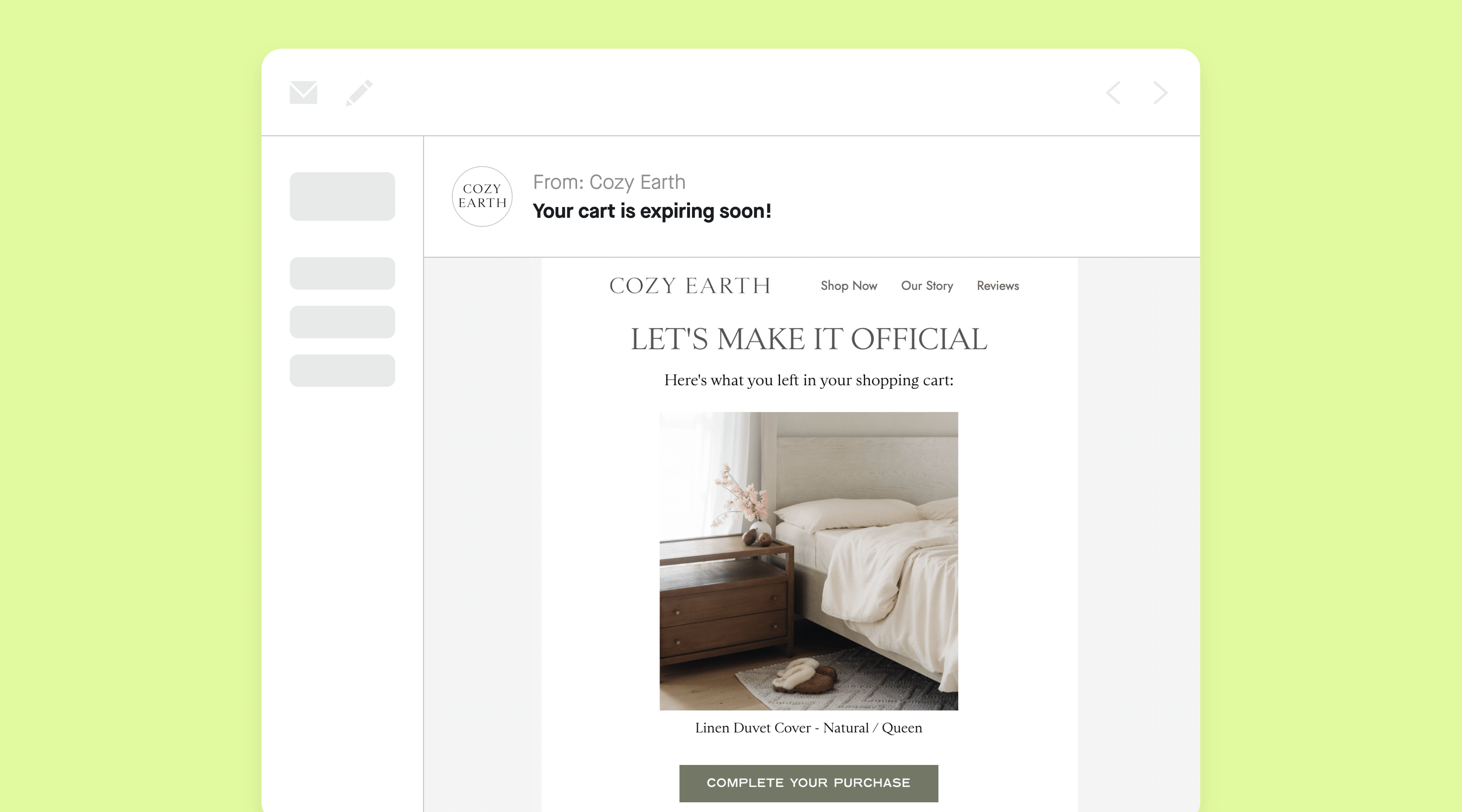 cart abandonment email example from Cozy Earth