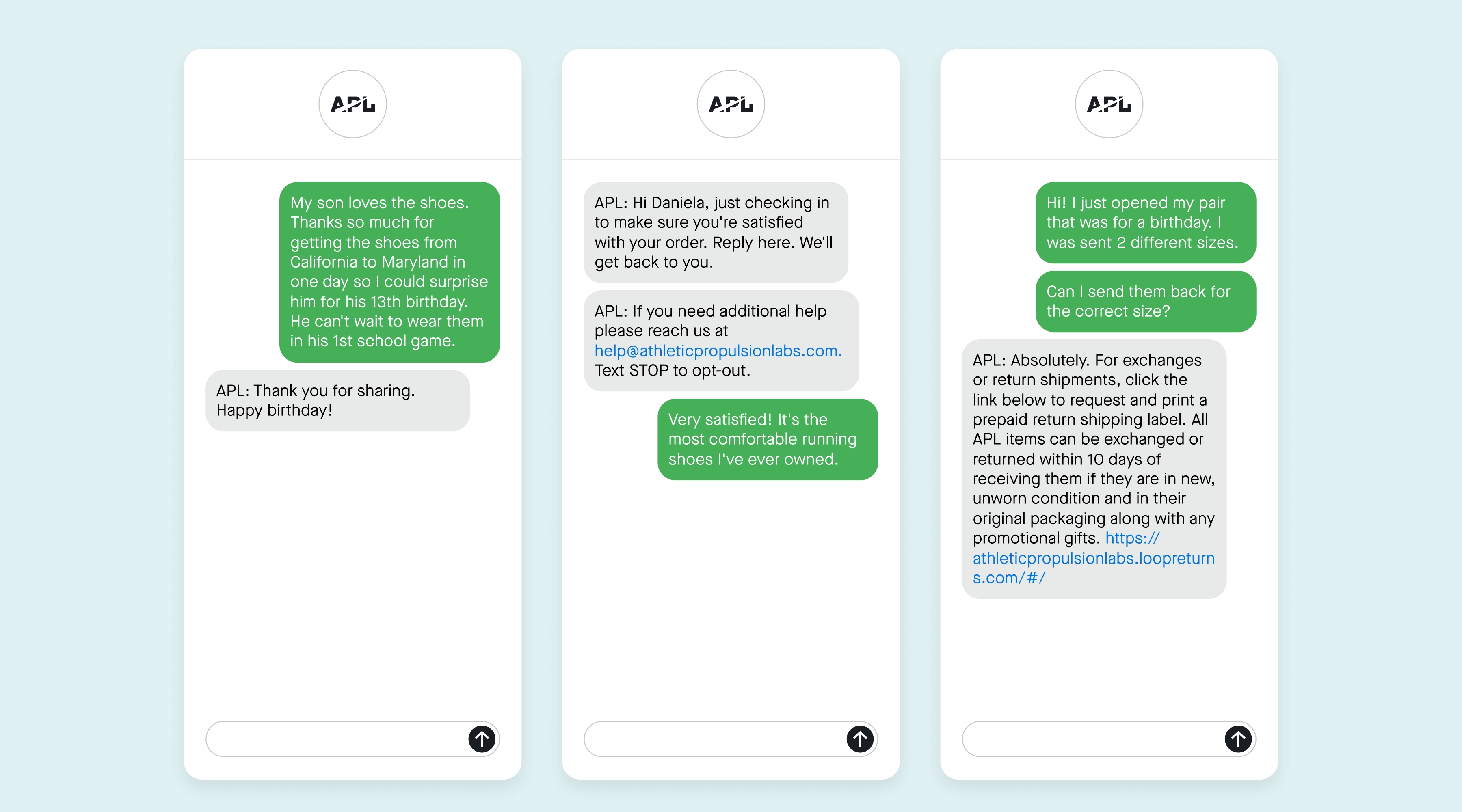 example of APL's conversational commerce and CX support via text messaging and Concierge