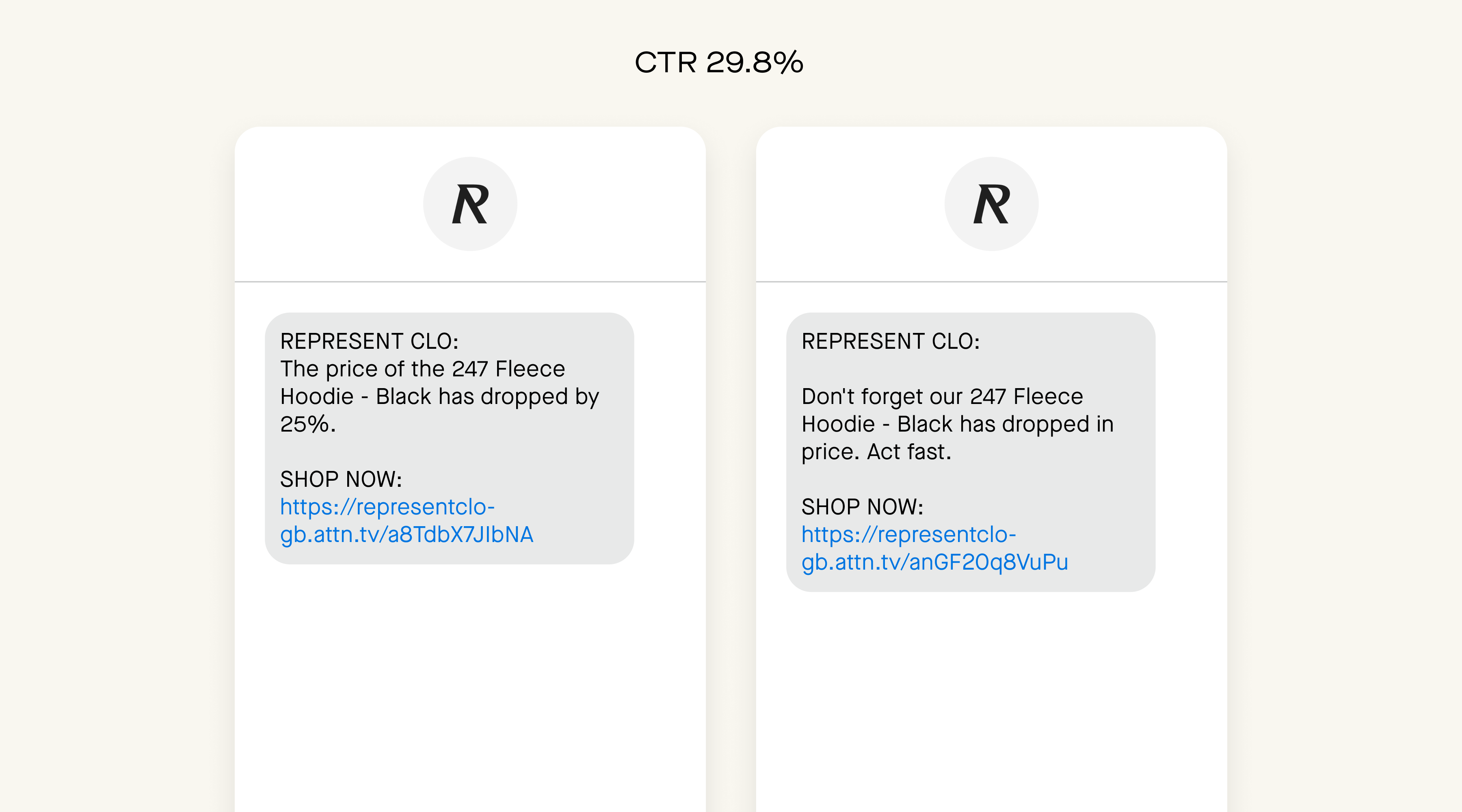 Represent Clothing's price drop SMS journey