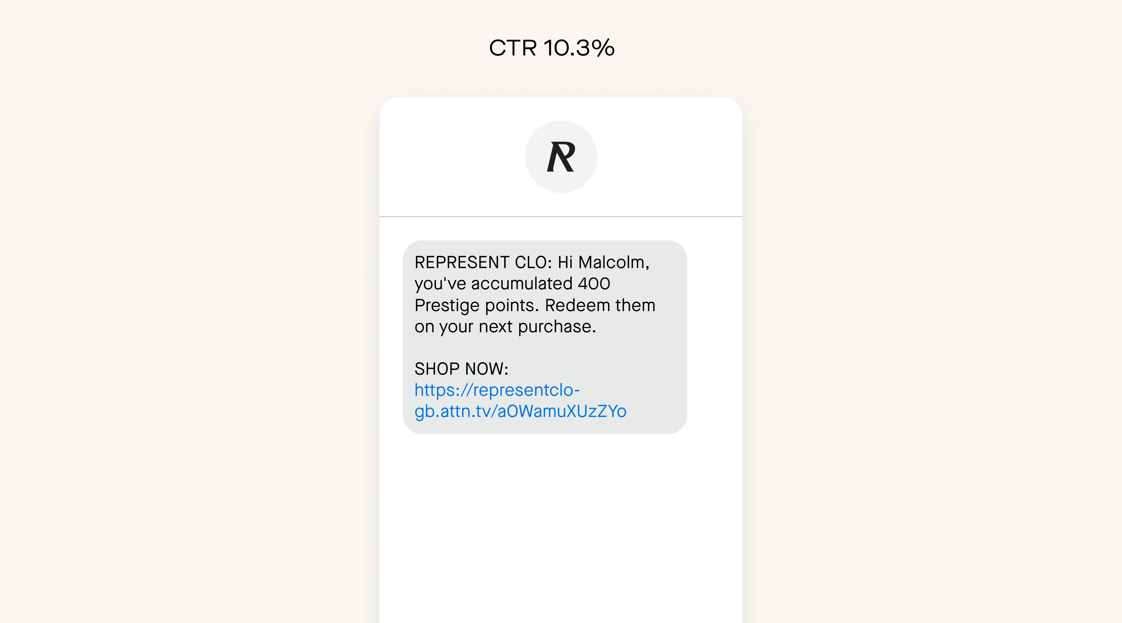 Represent Clothing's loyalty SMS message
