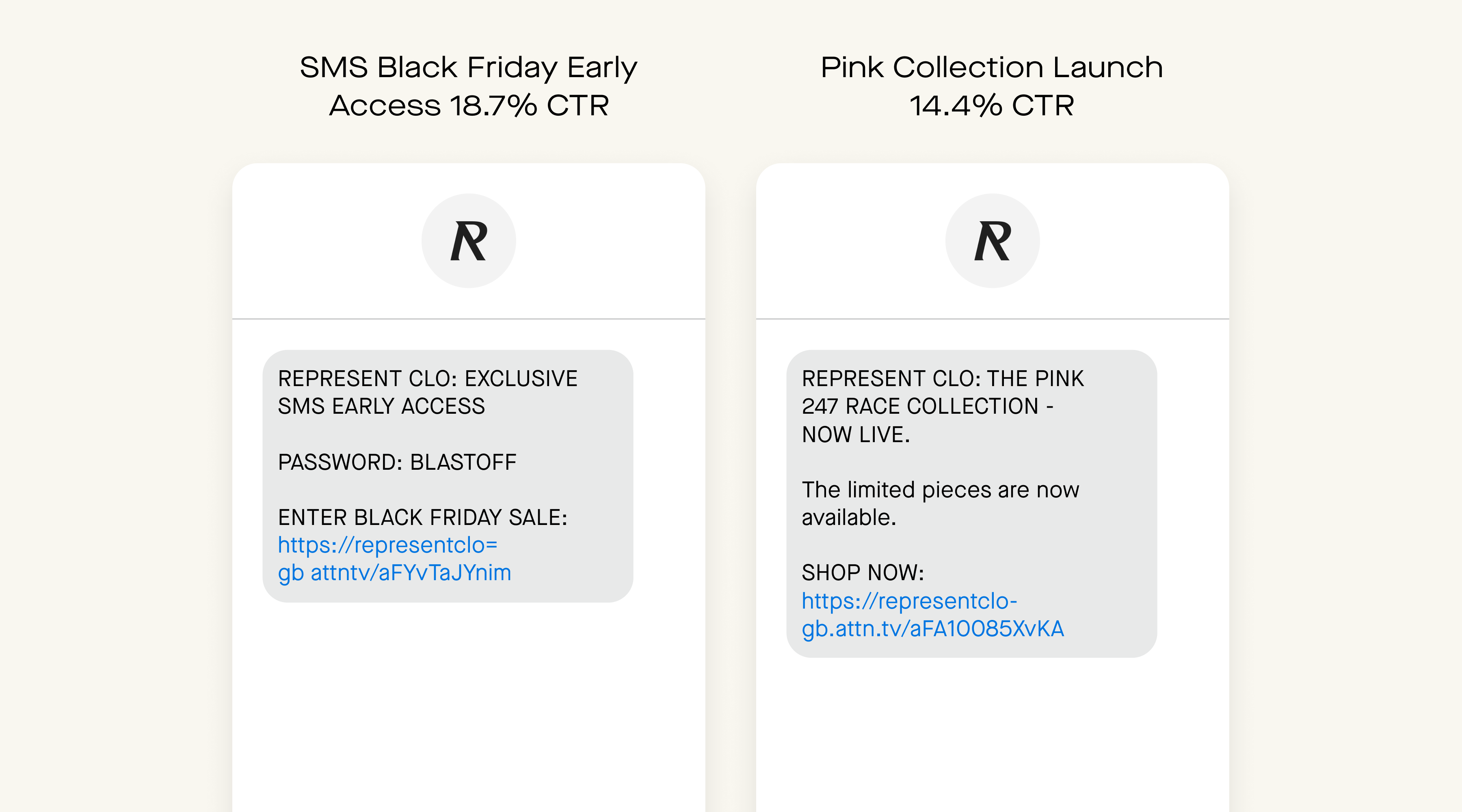 Represent Clothing's SMS campaigns