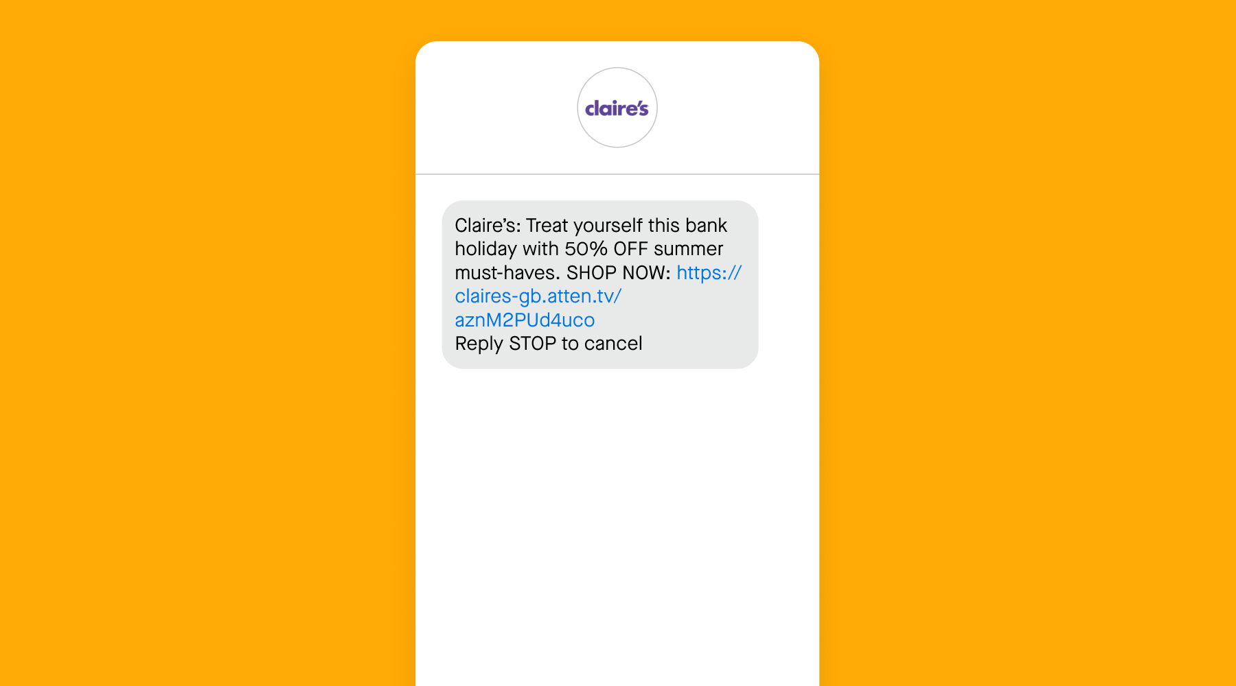 Claire's summer bank holiday marketing text