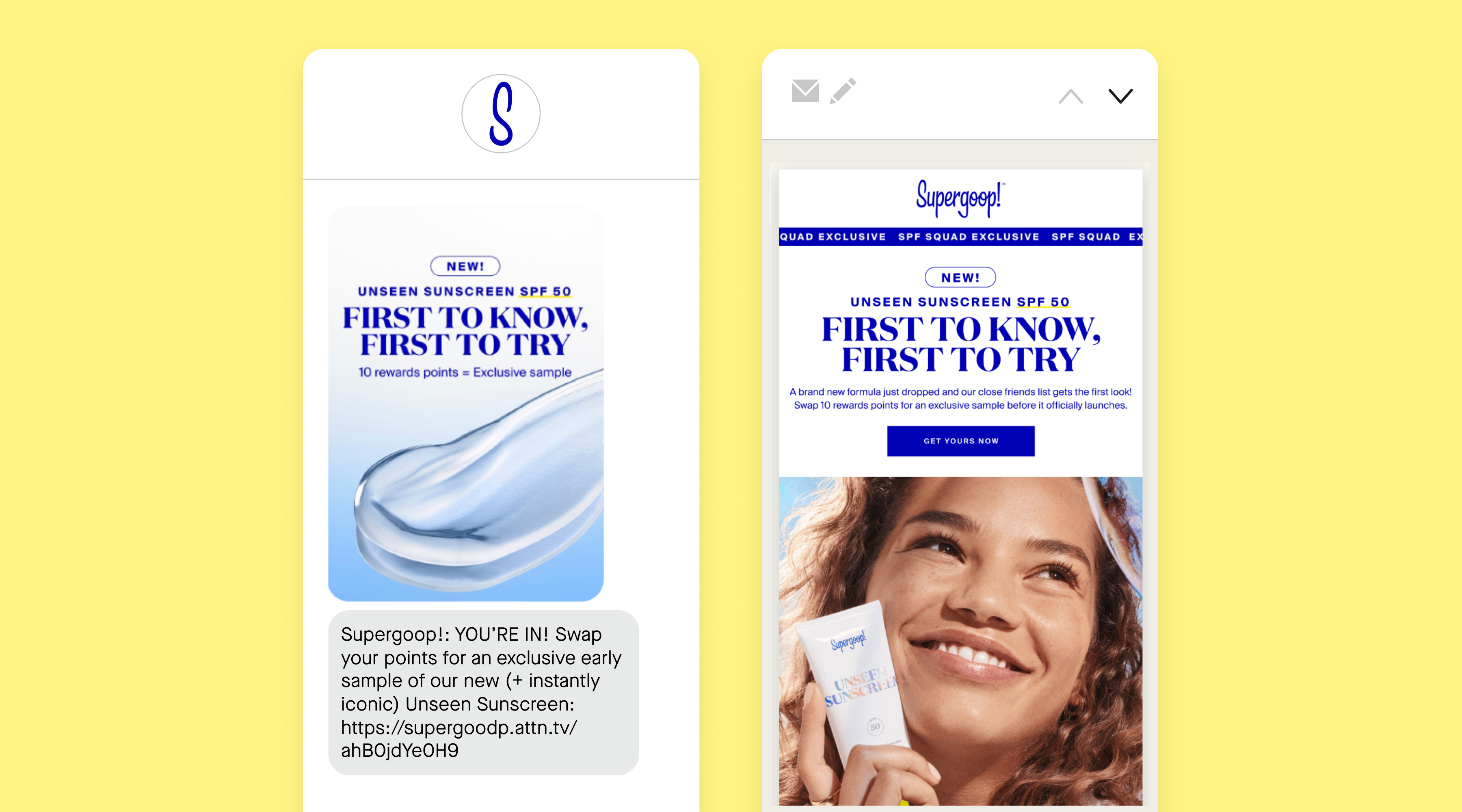 SMS and email campaigns from Supergoop! promoting new products to VIP members.