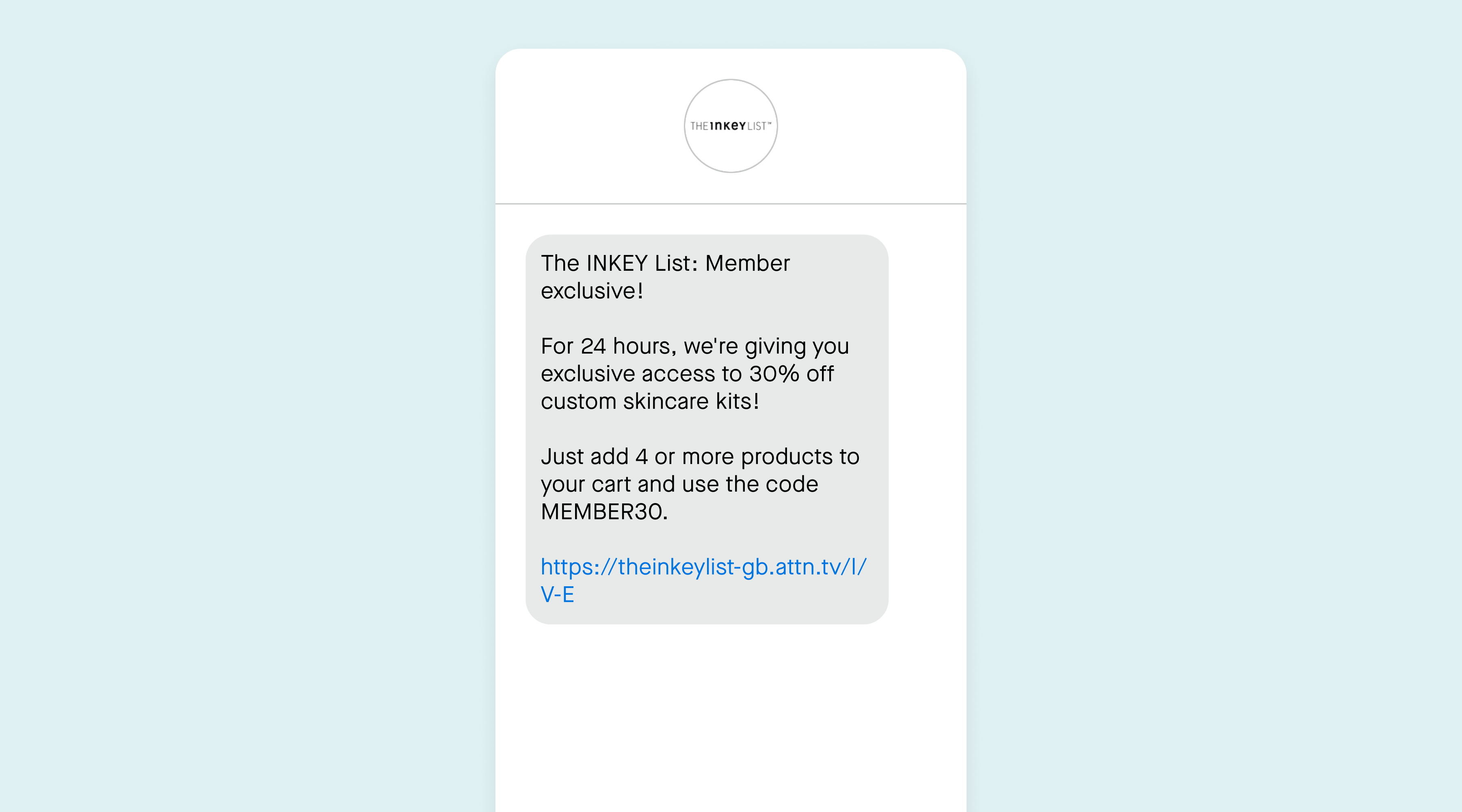An SMS marketing message from the INKEY List