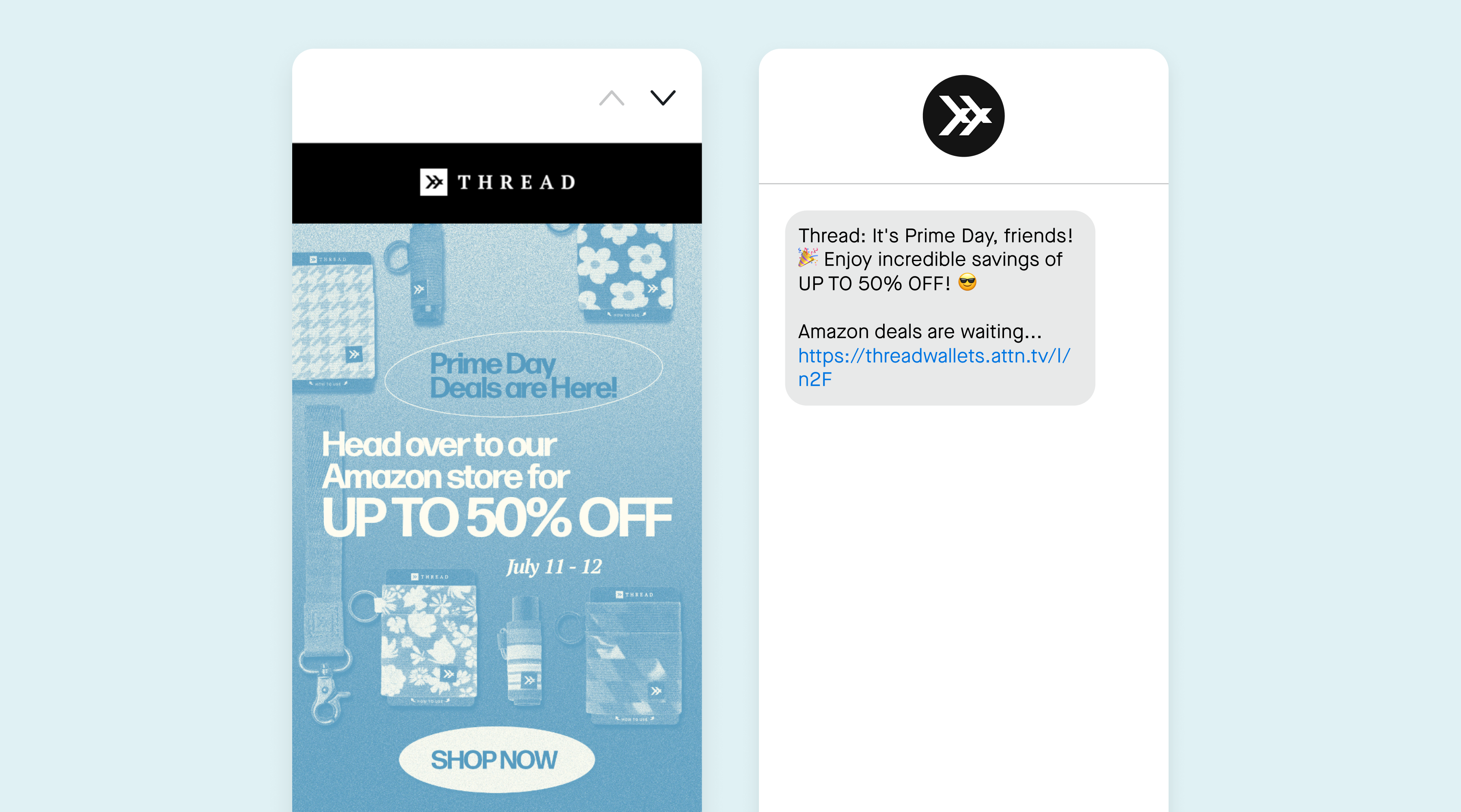 An SMS and email marketing campaign from Thread Wallets for Prime Day
