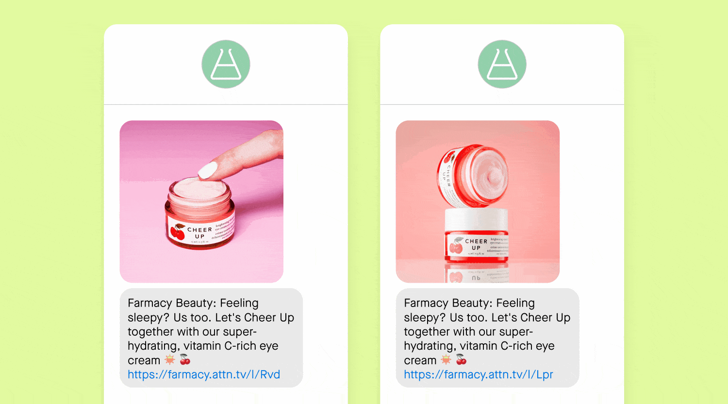 SMS A/B test example from Farmacy Beauty