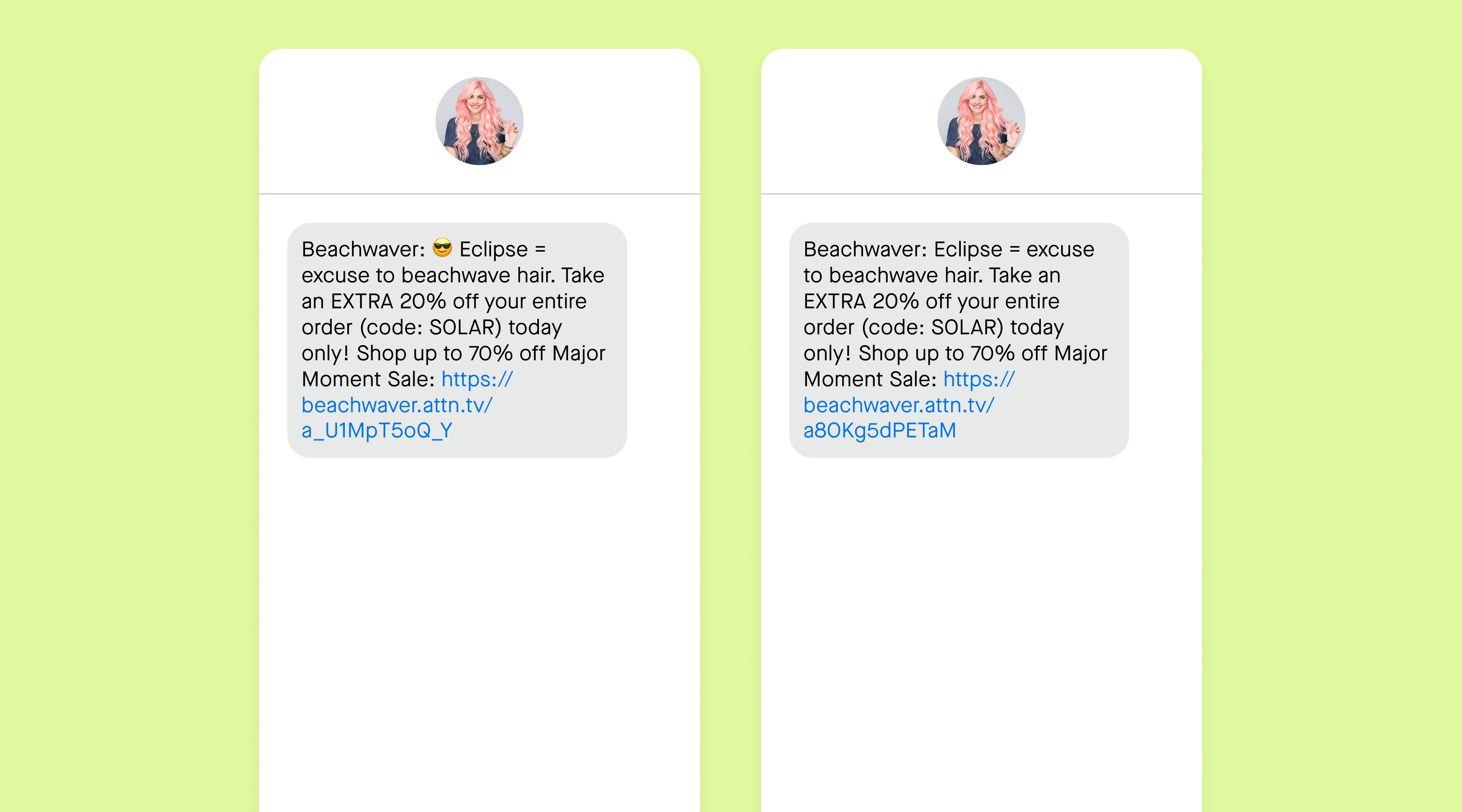 Two SMS messages from Beachwaver A/B testing emoji usage 