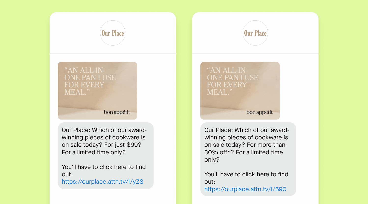 SMS A/B test example from Our Place