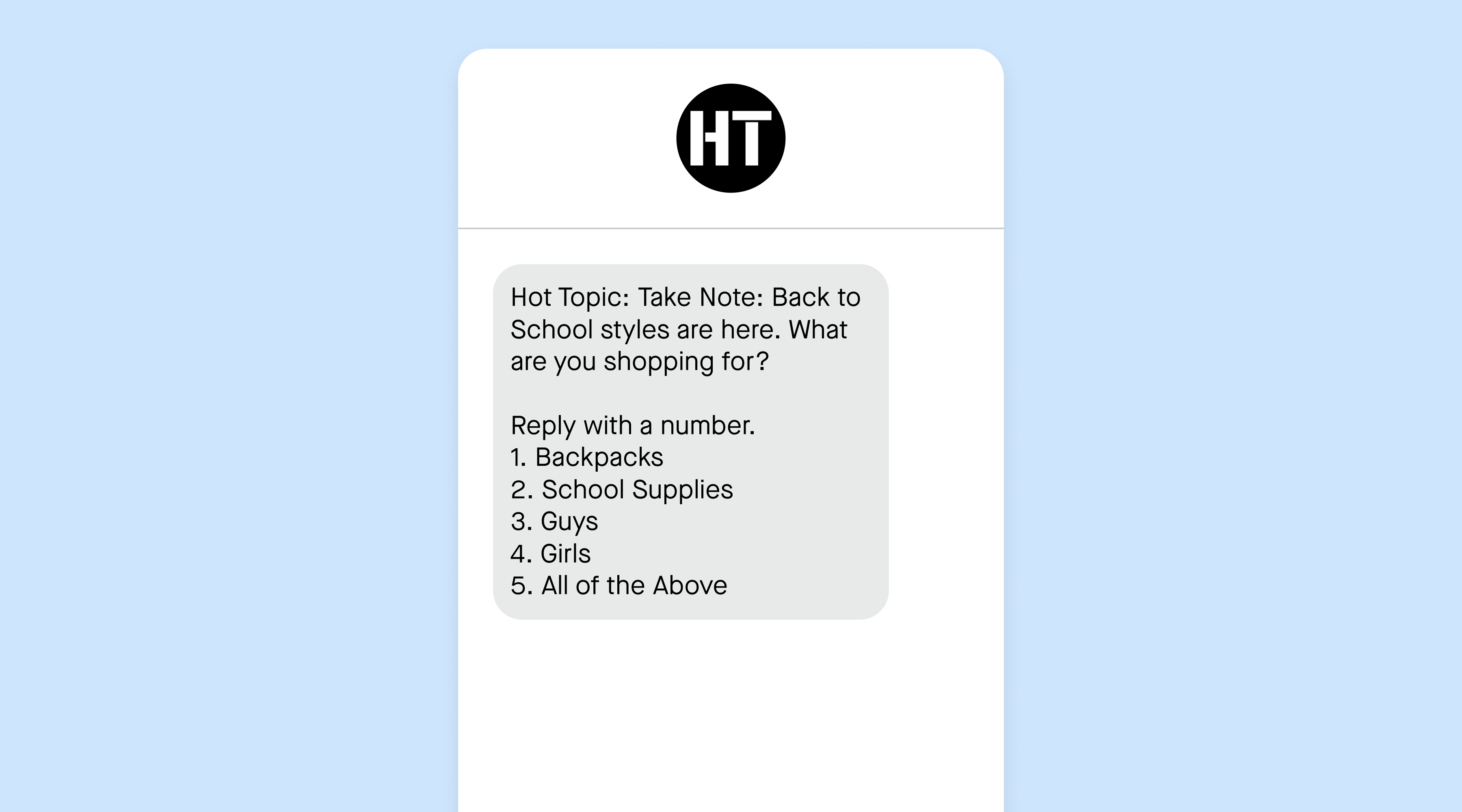 An SMS marketing campaign from Hot Topic asking subscribers what they're shopping for