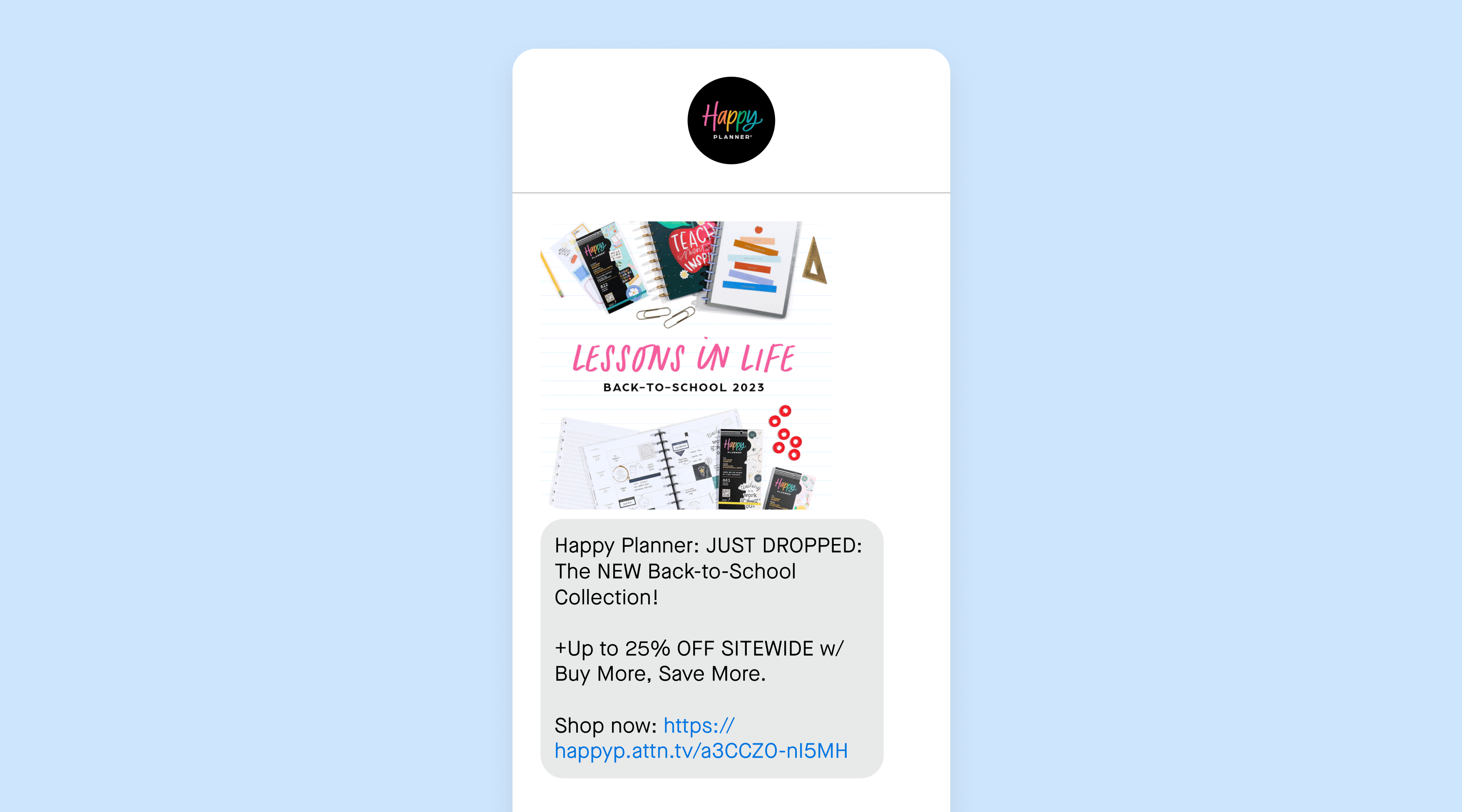 A back-to-school SMS message from The Happy Planner