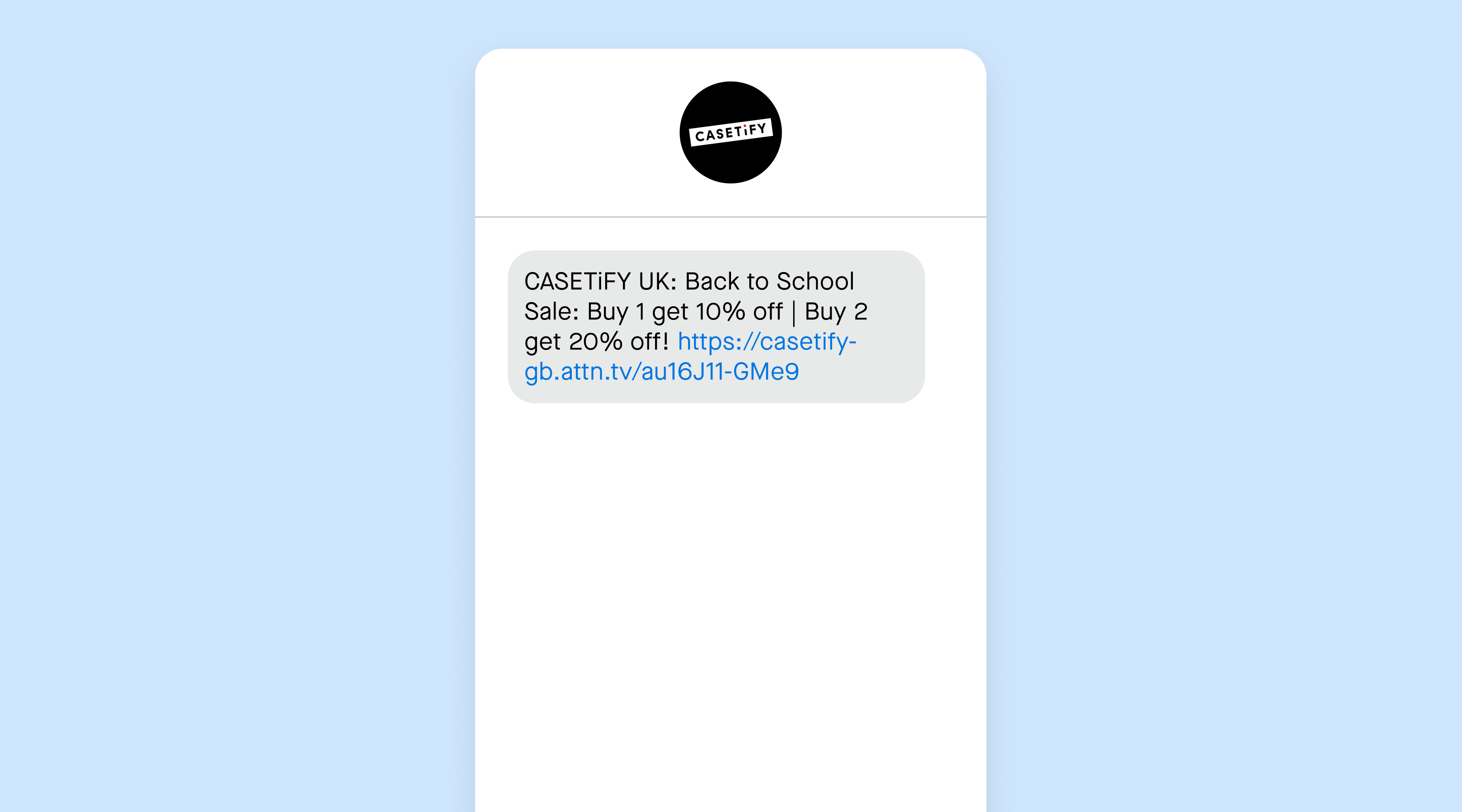 A text message from CASETiFY UK for back-to-school time