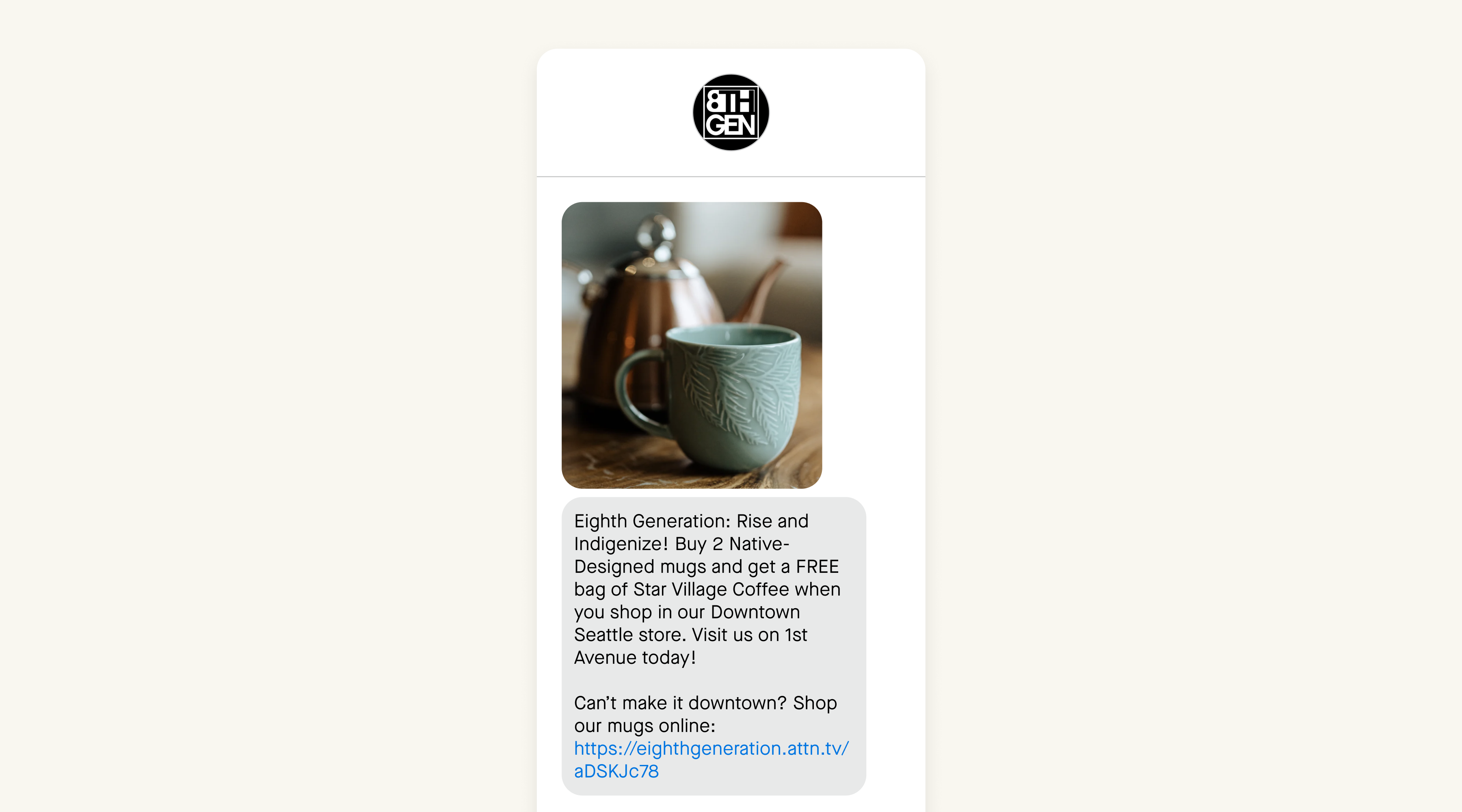 text message with image of blue coffee mug