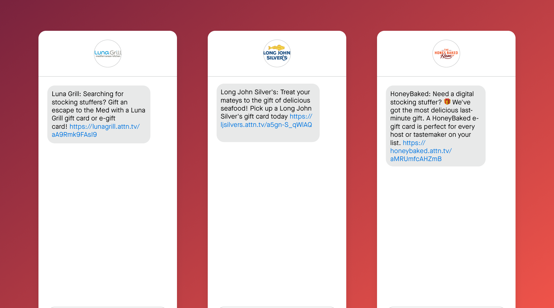 Examples of seasonal gift card text messages from food and beverage brands