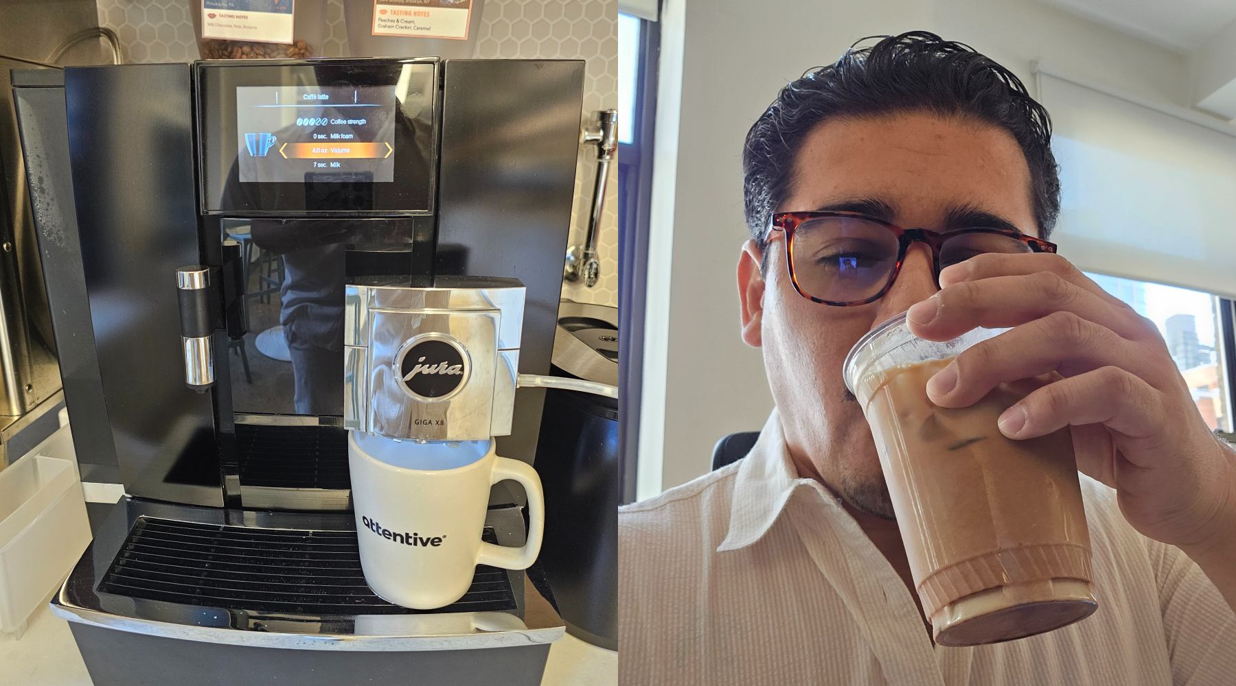 A espresso machine and a man drinking an iced coffee