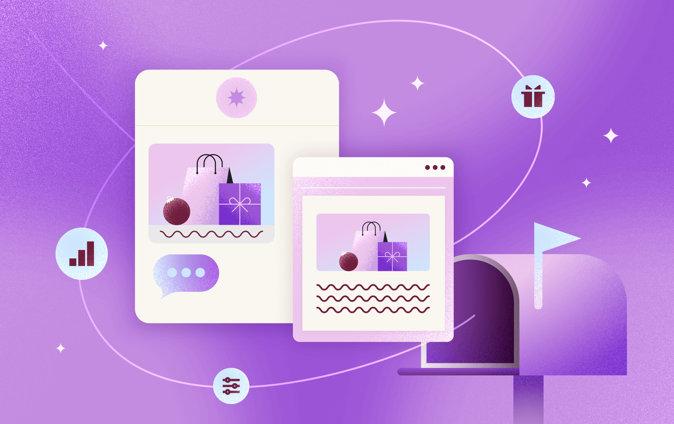 Abstract illustration of email and SMS campaigns for Black Friday/Cyber Monday.