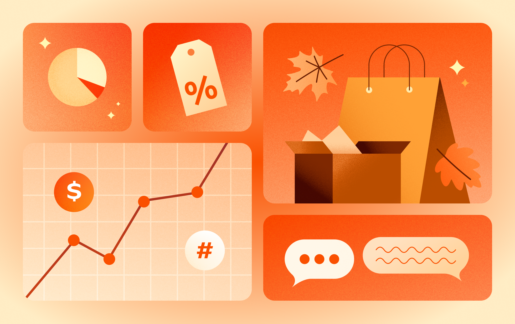 Abstract image with illustrations that represent data charts, shopping, and text message bubbles