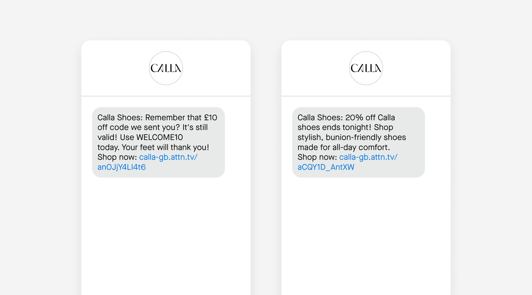 Targeted SMS messages from Calla Shoes