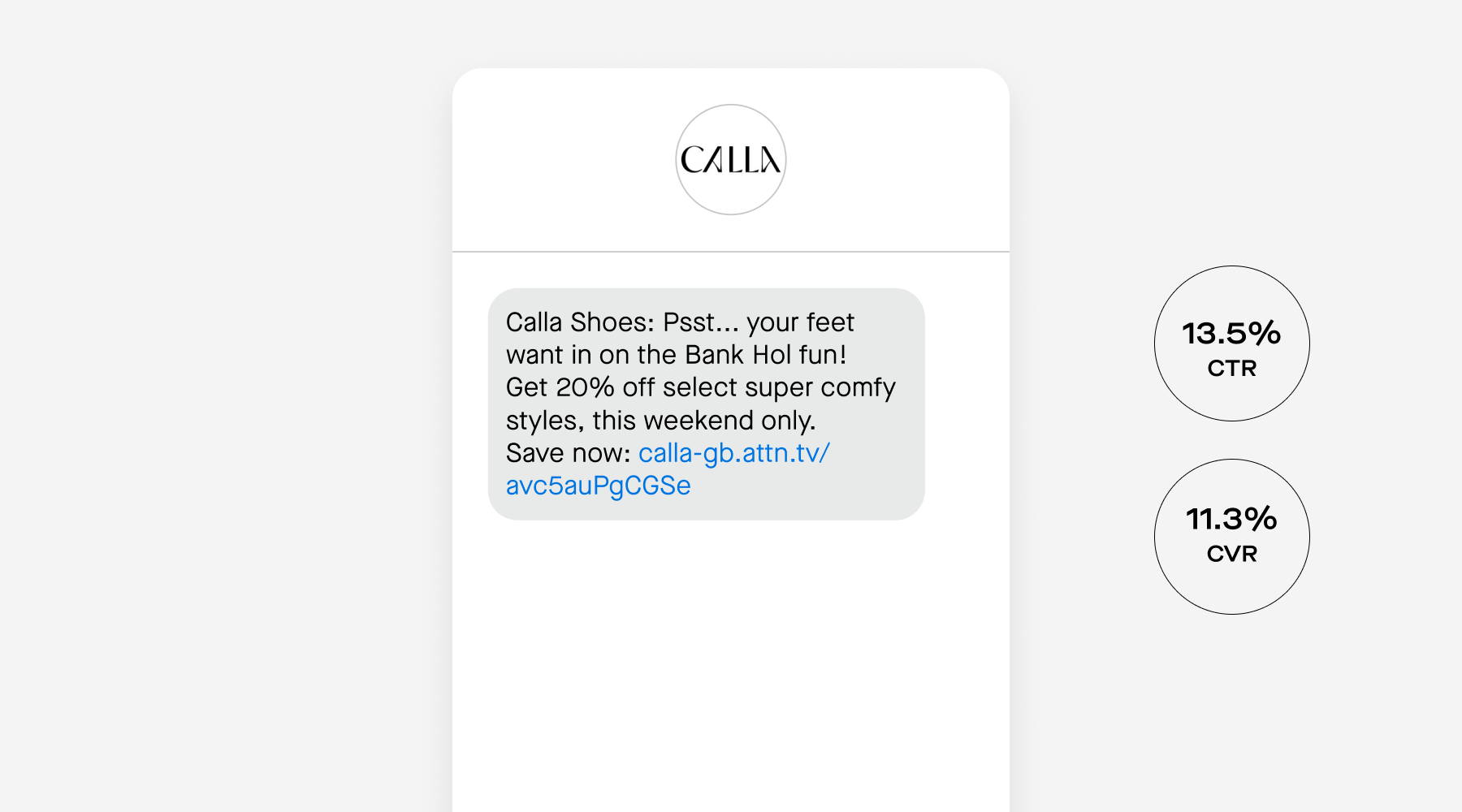 Calla Shoes bank holiday SMS message