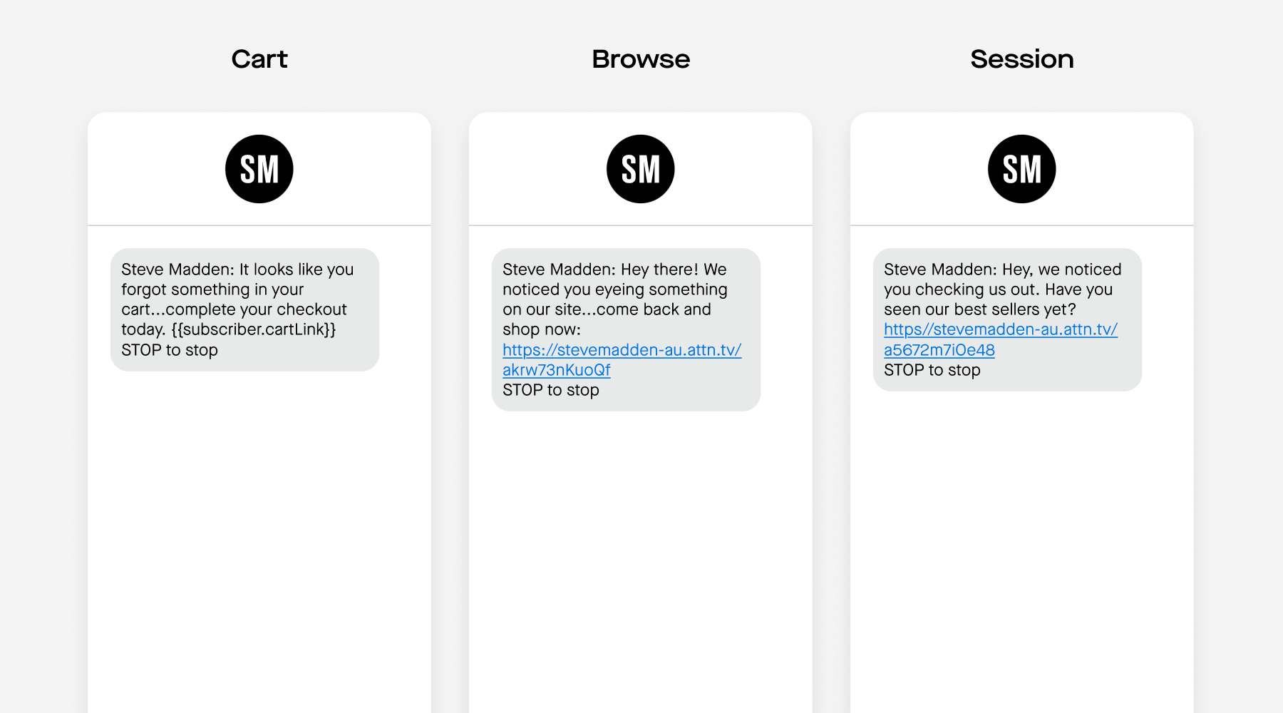 Steve Madden cart, browse and session abandonment SMS messages
