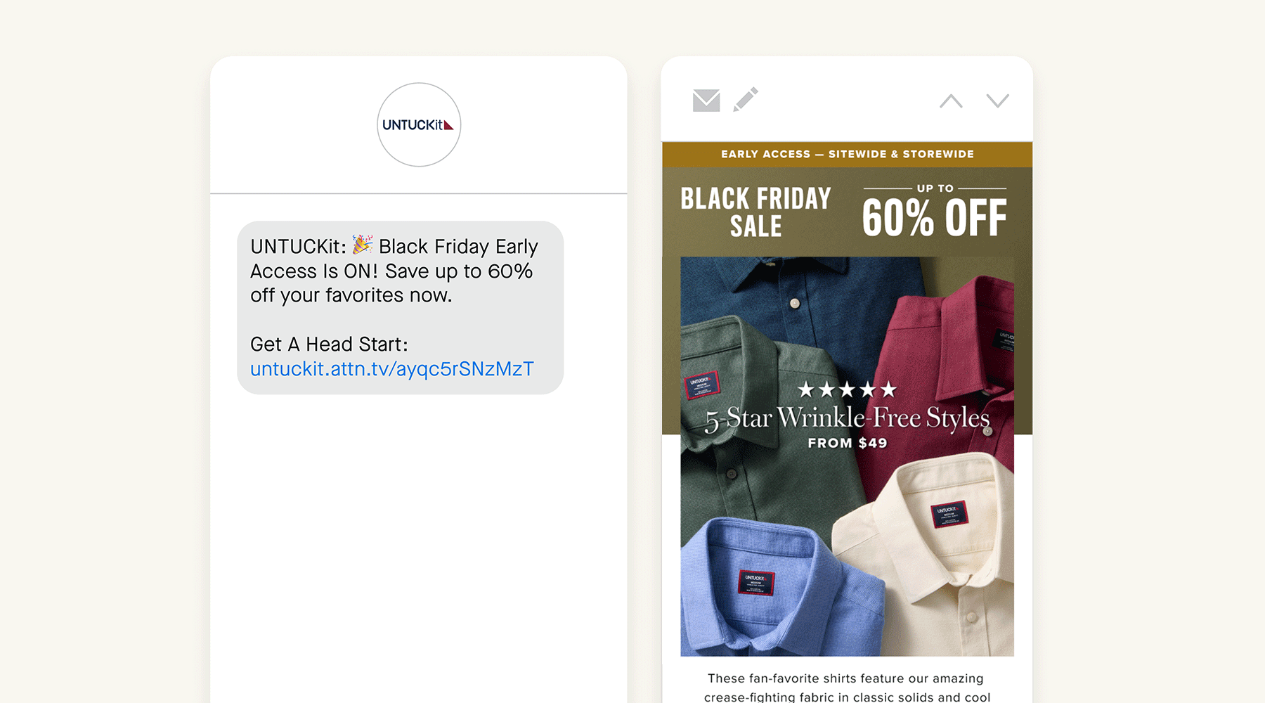 An example of an ecommerce brand sending both a text and an email over Black Friday 