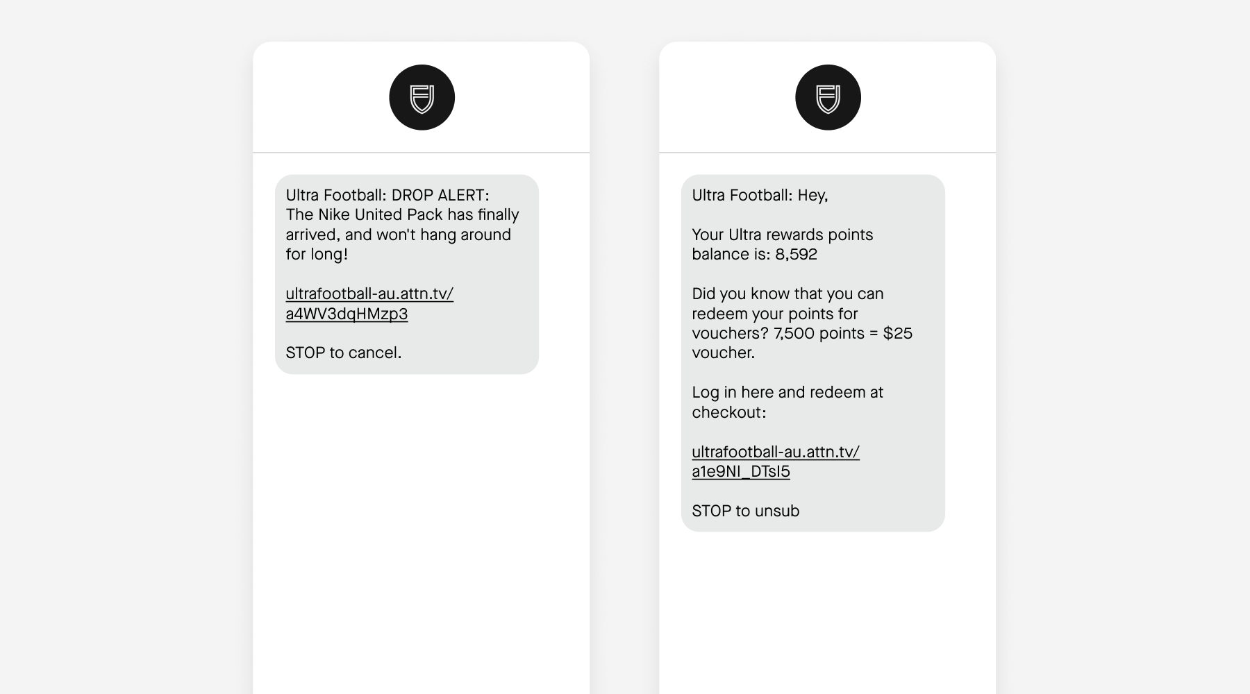 Examples of Ultra Football's segmented SMS messages