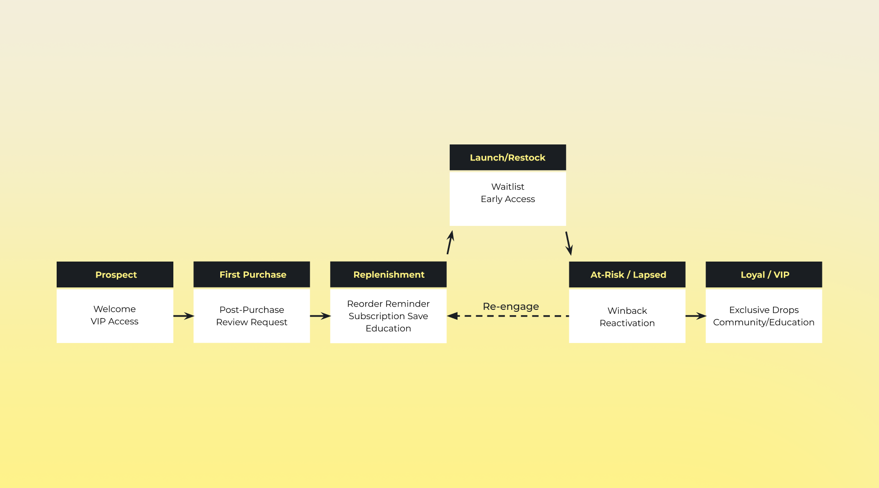 You don’t need a giant library of journeys to see impact. In beauty and wellness, most programs win by getting a few moments right, then optimizing from there. This is a lifecycle journey map.