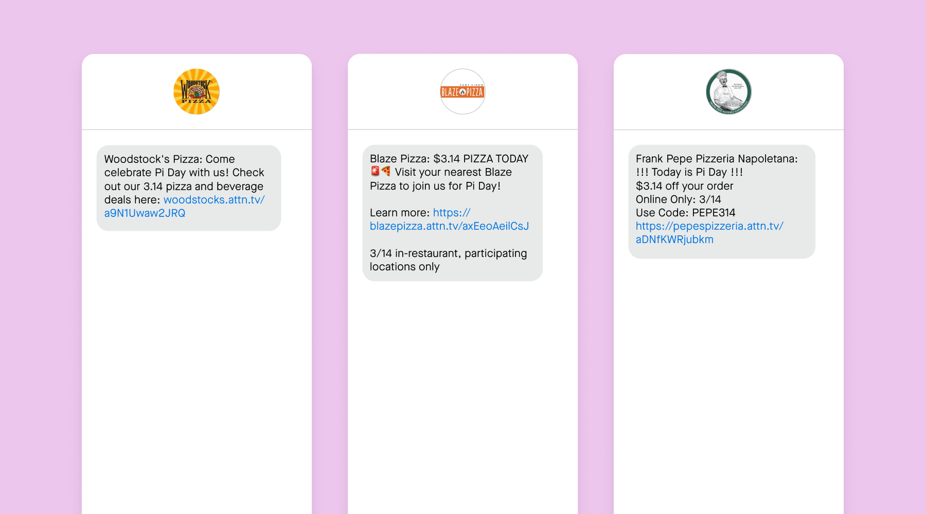 SMS examples of pizza brands getting in on Pi Day  