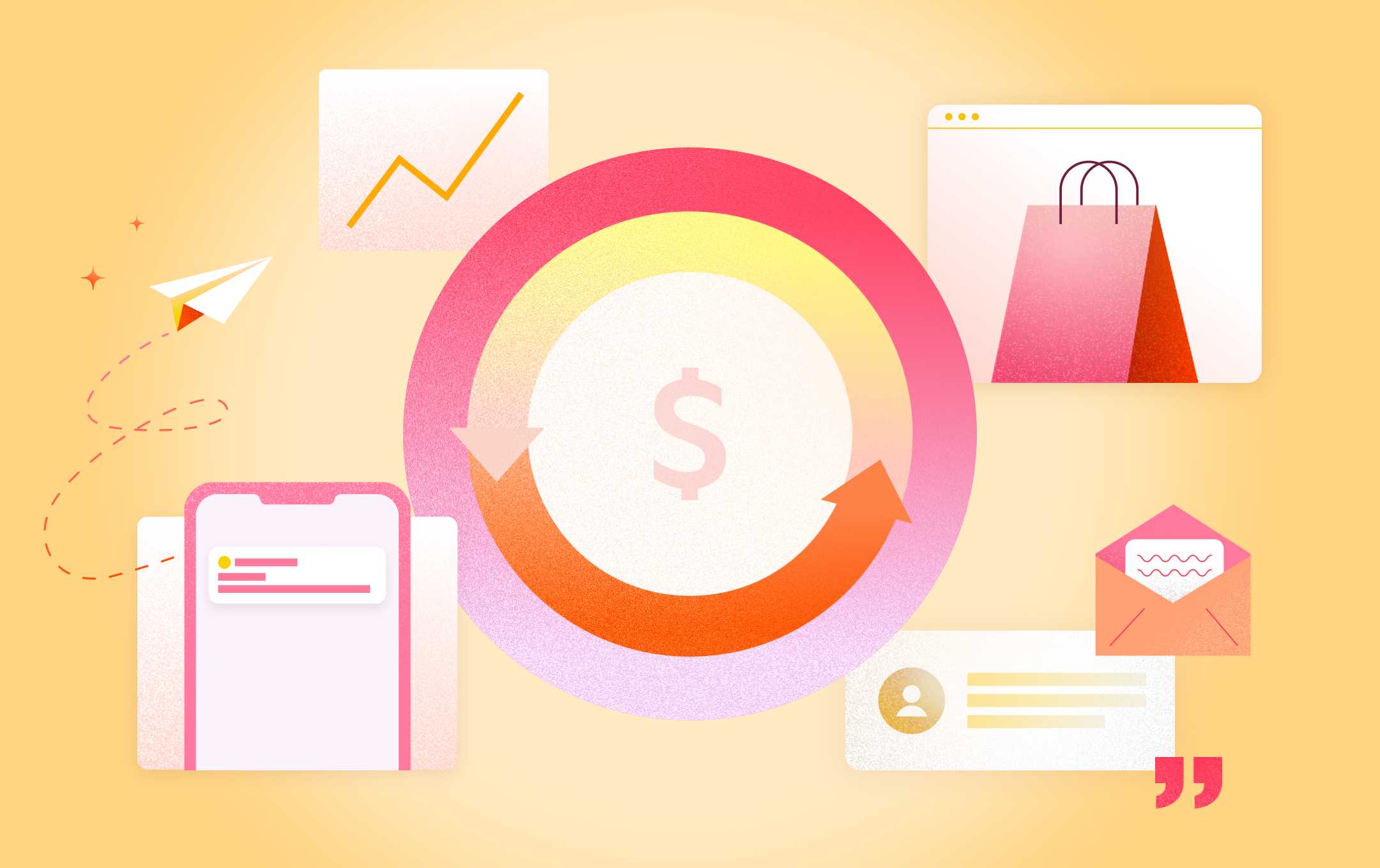 An omnichannel marketing blog post creative illustration with designs of a cell phone featuring a generic mockup of a message, a dollar symbol, paper airplane in flight, a chart with an incline of data, a gift bag, an envelope with a message inside to depict the reception of an email, generic art with the outline of a person sending three lines of content, and a quotation mark. 