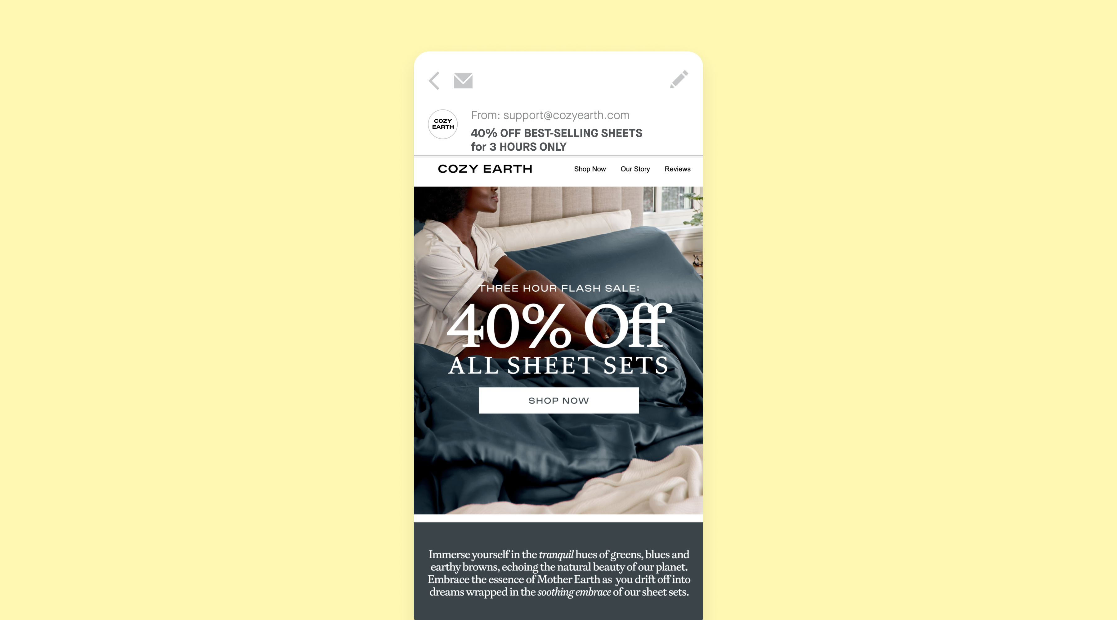 An example of an Earth Day email from Cozy Earth