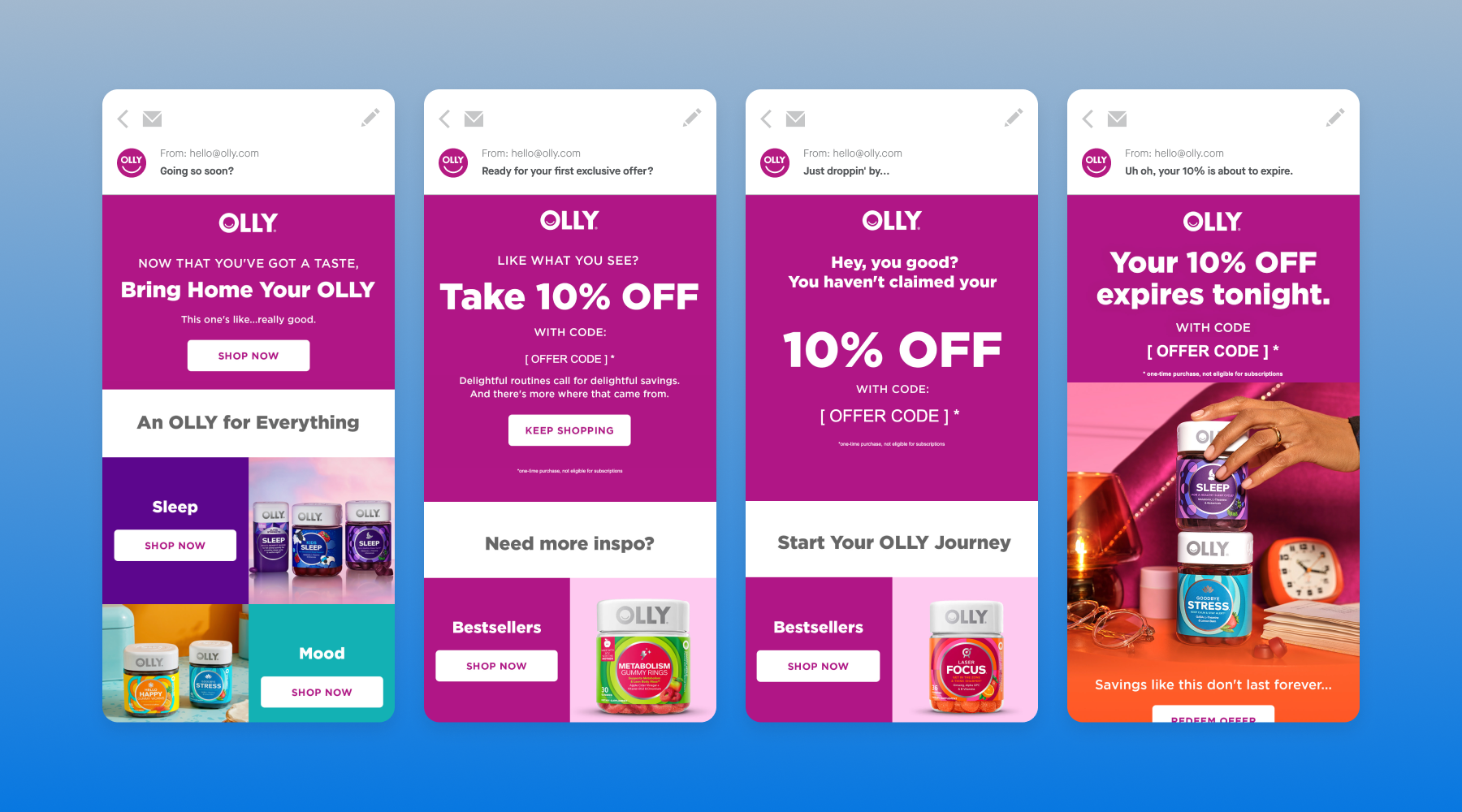 Four email examples of triggered messages from Attentive brand, OLLY
