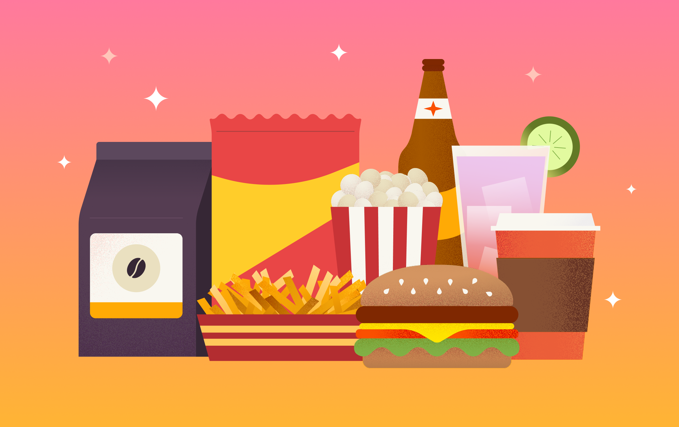 An illustration of food items including a bag of coffee, hamburger, hotdog, drinks and chips
