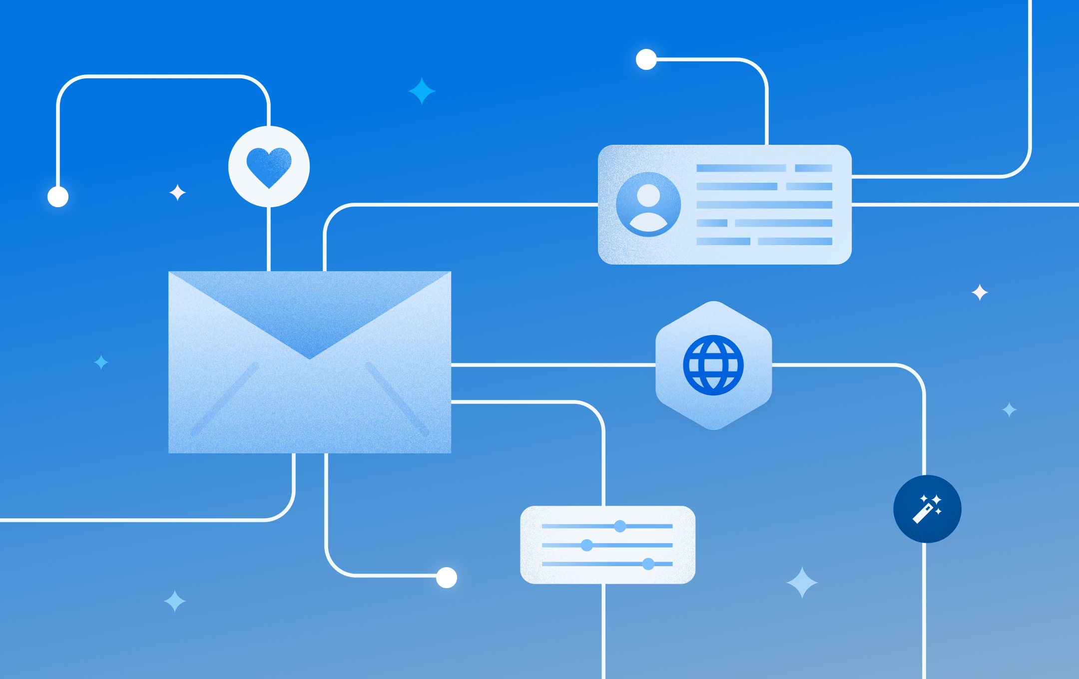 A letter, globe, the outline of a profile and an icon with a heart all connected by branches 