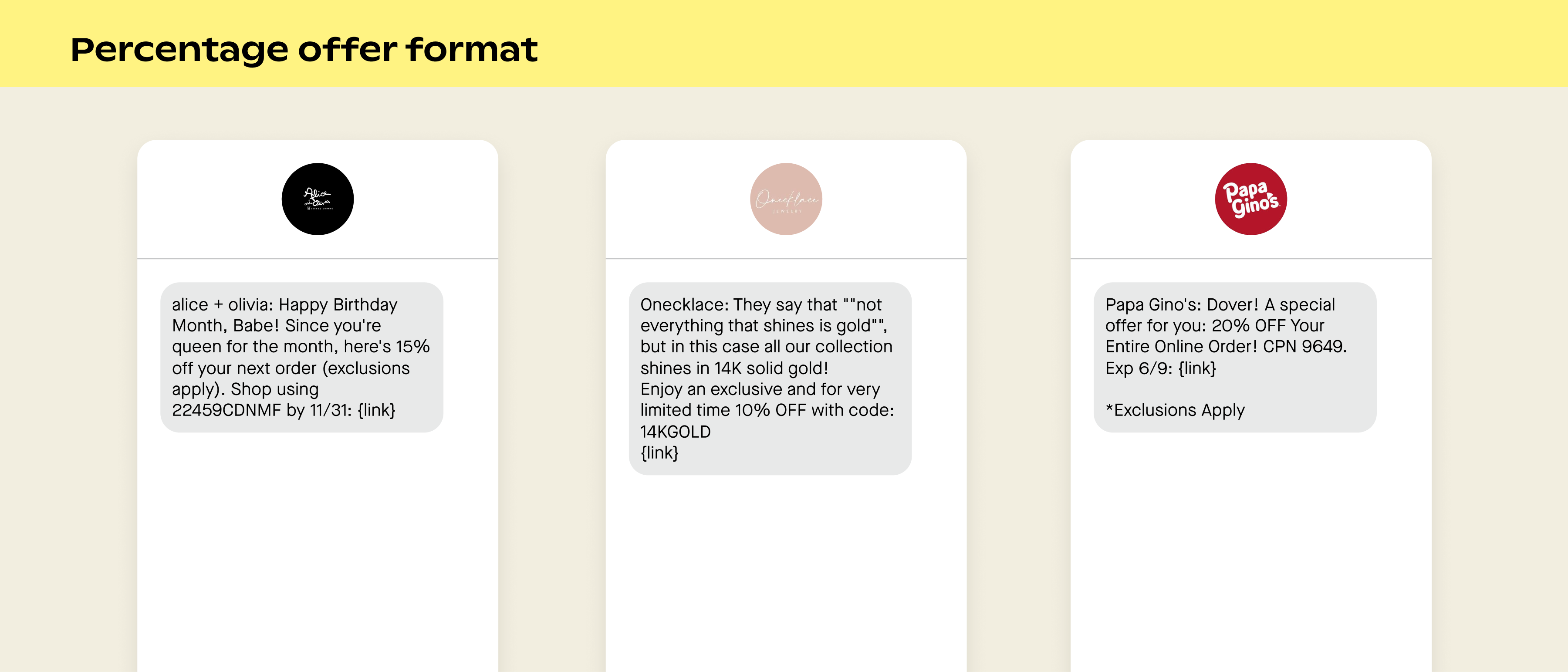 Examples of percentage offer format in SMS marketing campaigns