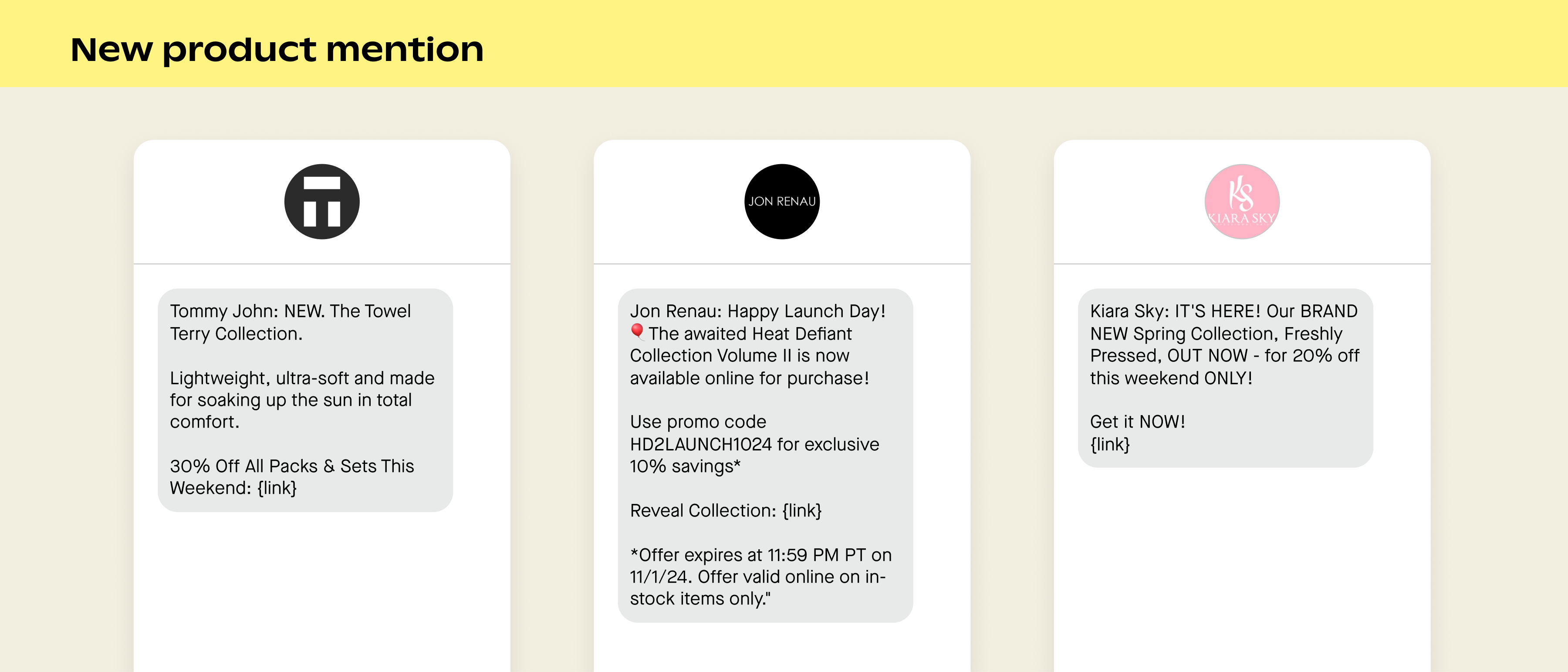 Examples of a new product mention in SMS marketing campaigns
