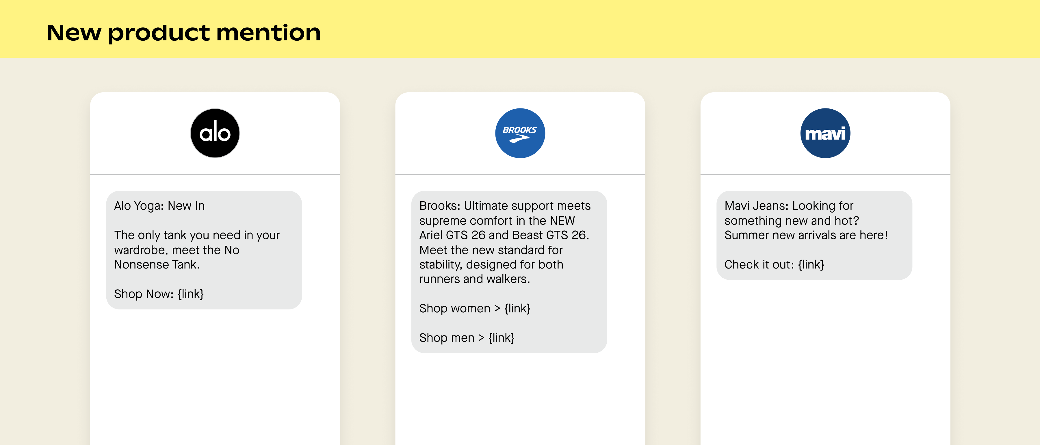 Examples of new product mentions in SMS marketing campaigns