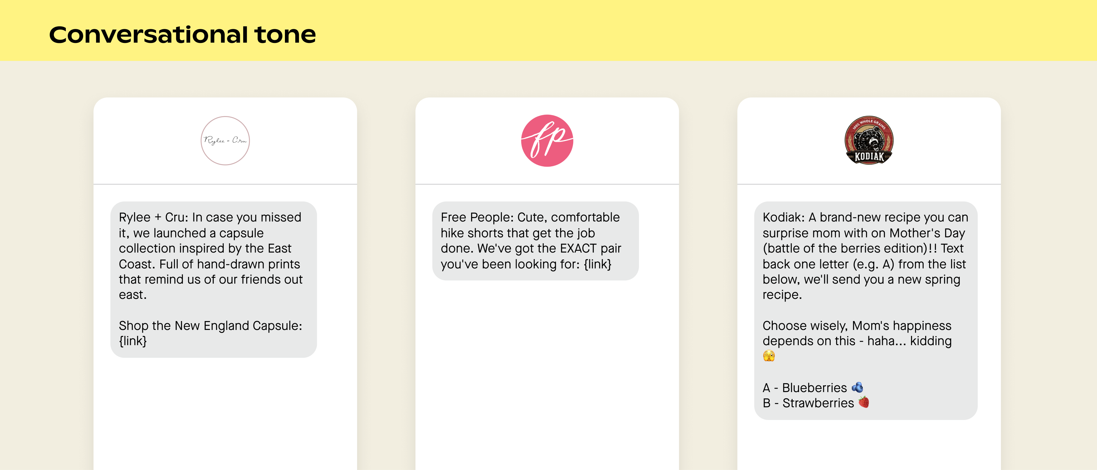 Examples of conversational tone in SMS marketing campaigns