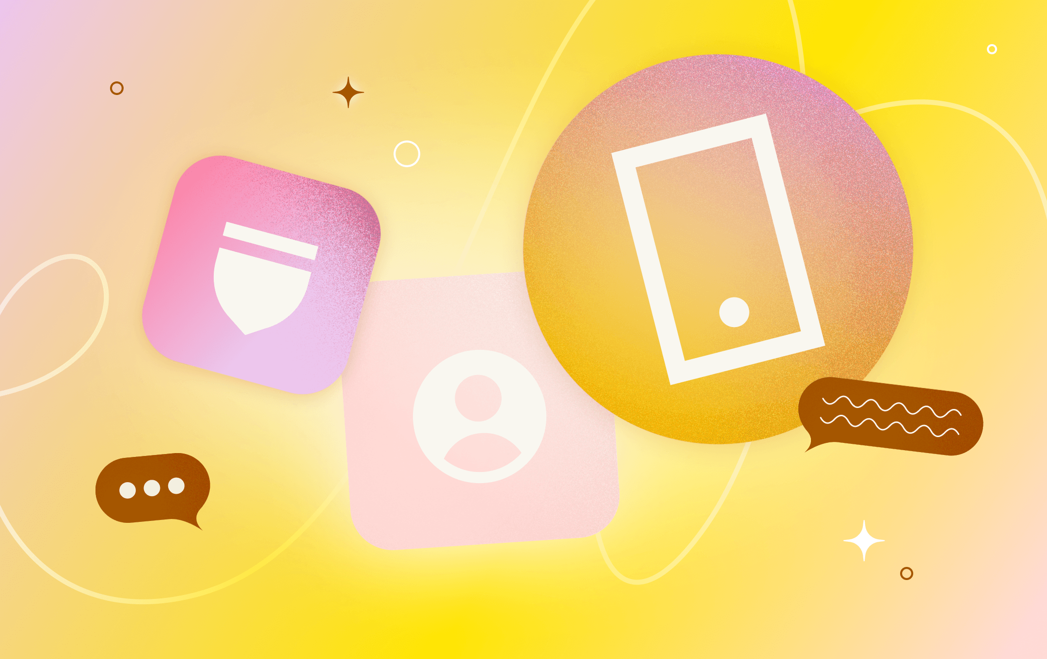 An illustration featuring a shield, mobile phone, pending message dots, and a blank profile picture.