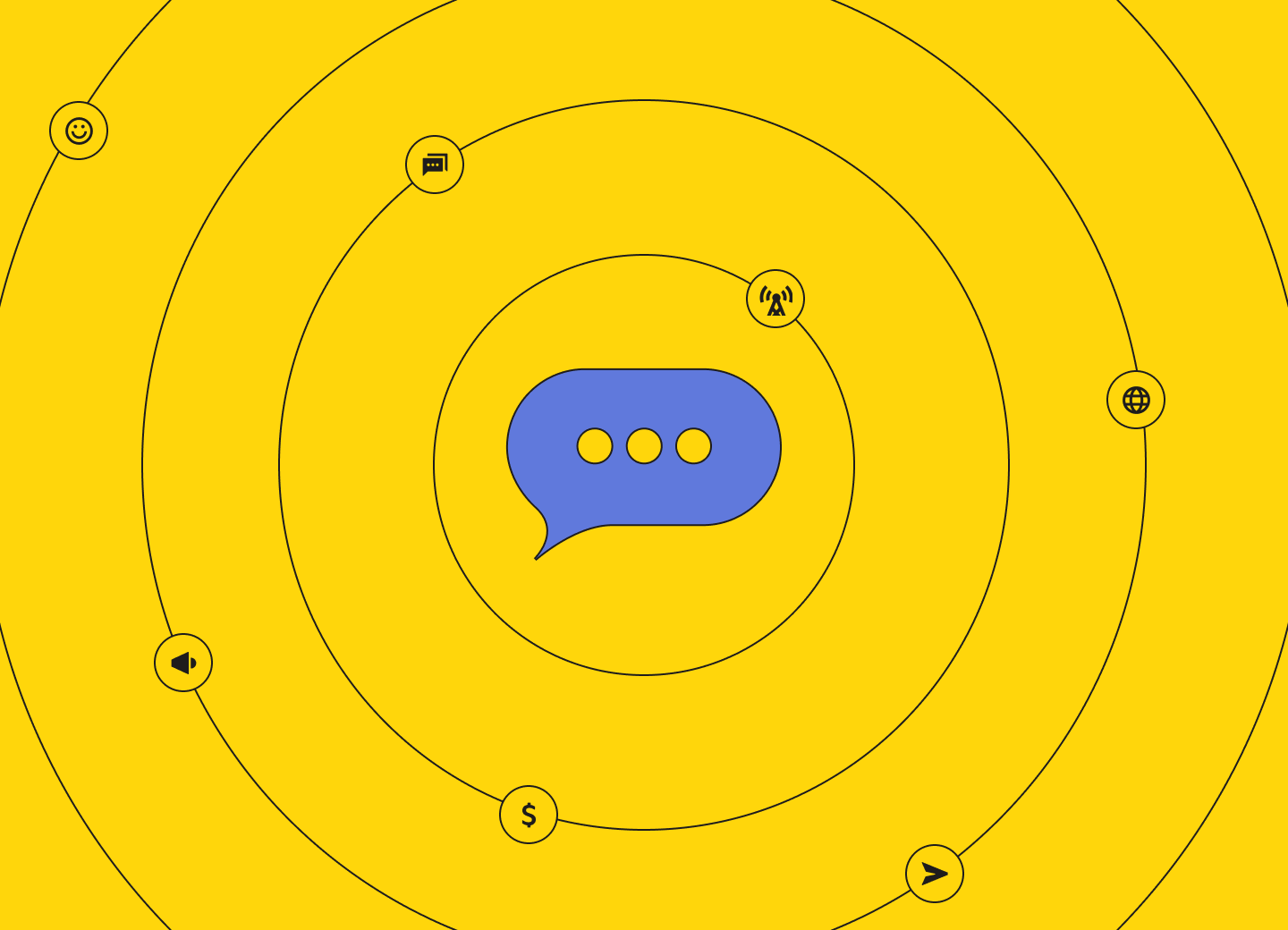 abstract illustration of colorful circle icons with symbols that represent SMS marketing