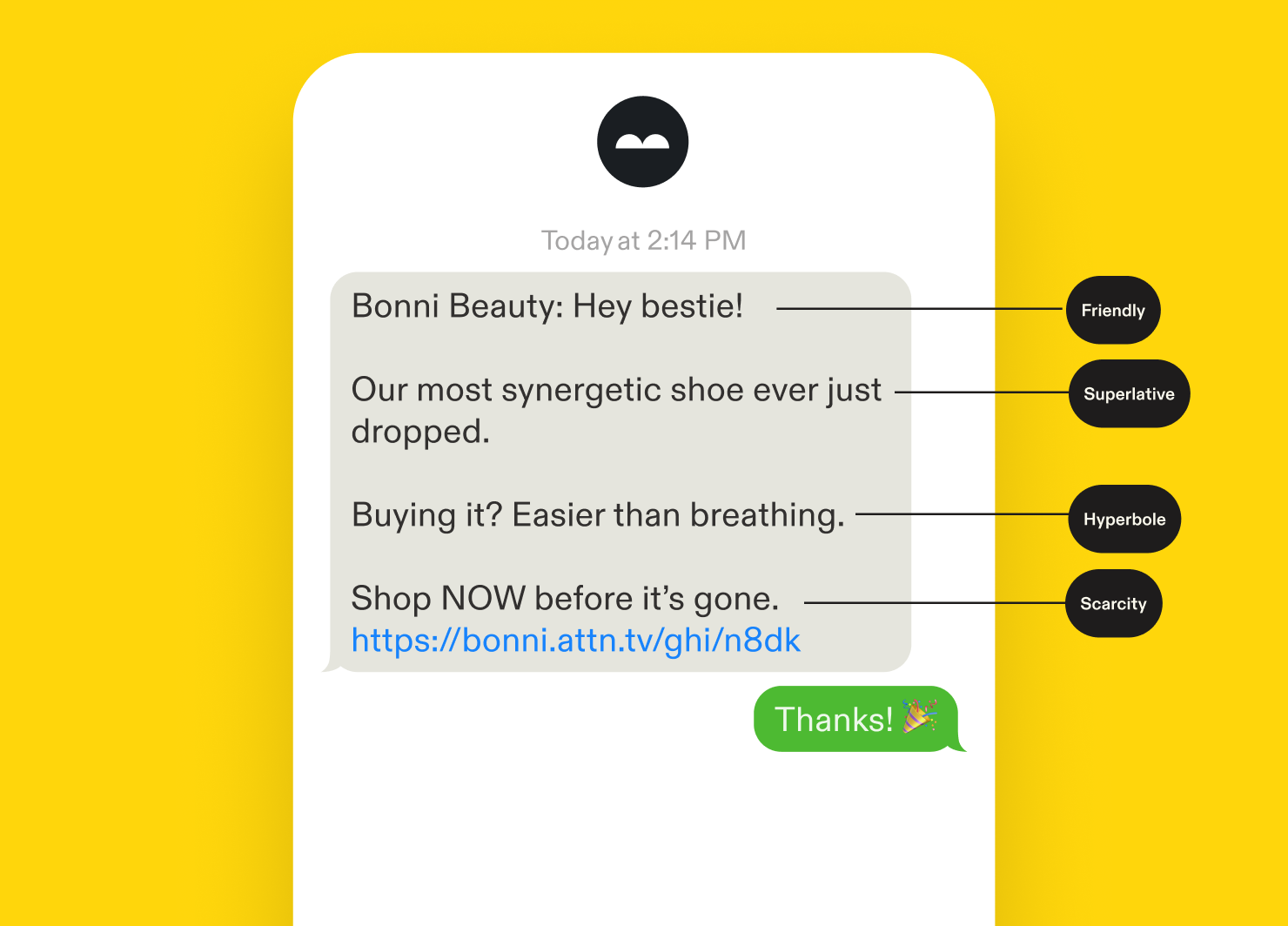 A text message highlighting specific elements like a friendly tone, superlative, hyperbole, and scarcity.