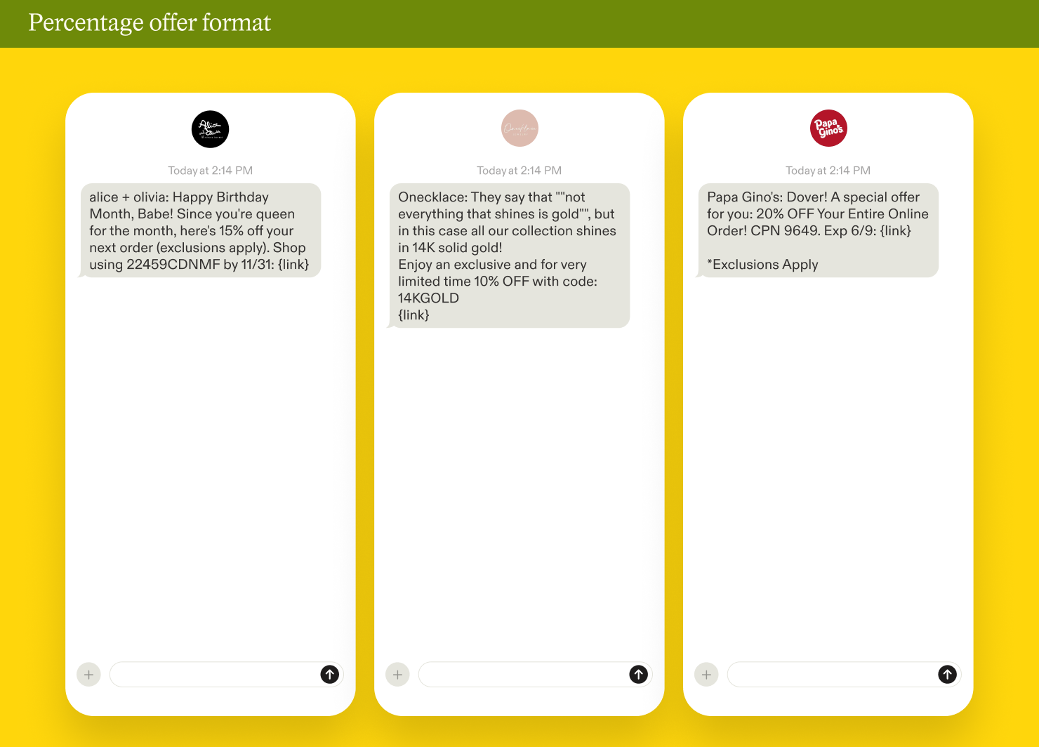 Examples of percentage offer format in SMS marketing campaigns