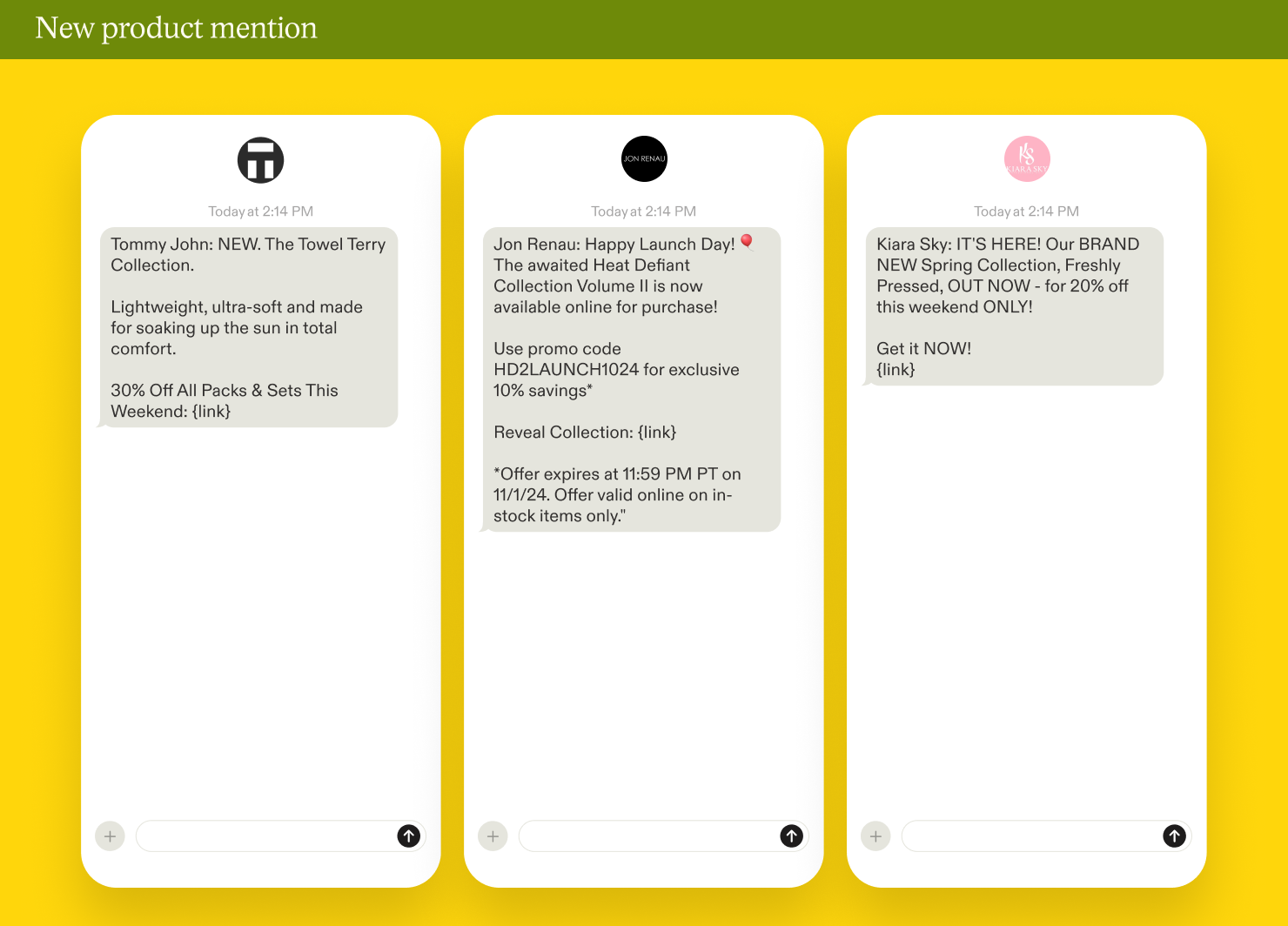 Examples of a new product mention in SMS marketing campaigns