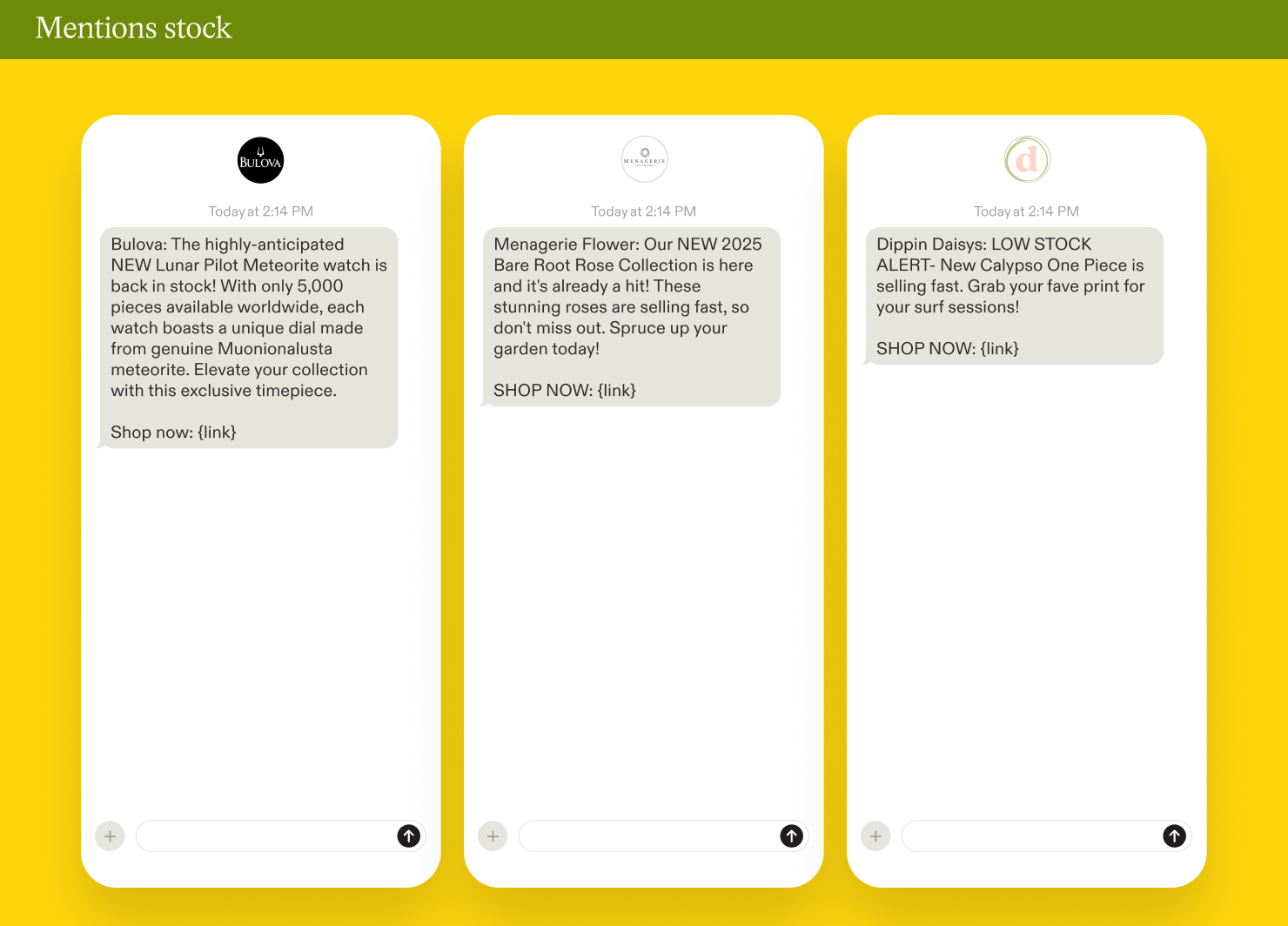 Examples of mentioning stock in SMS marketing campaigns
