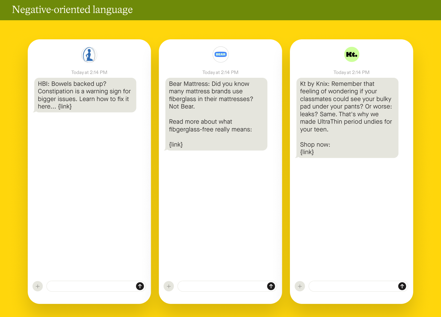 Examples of negative-oriented language in SMS marketing campaigns