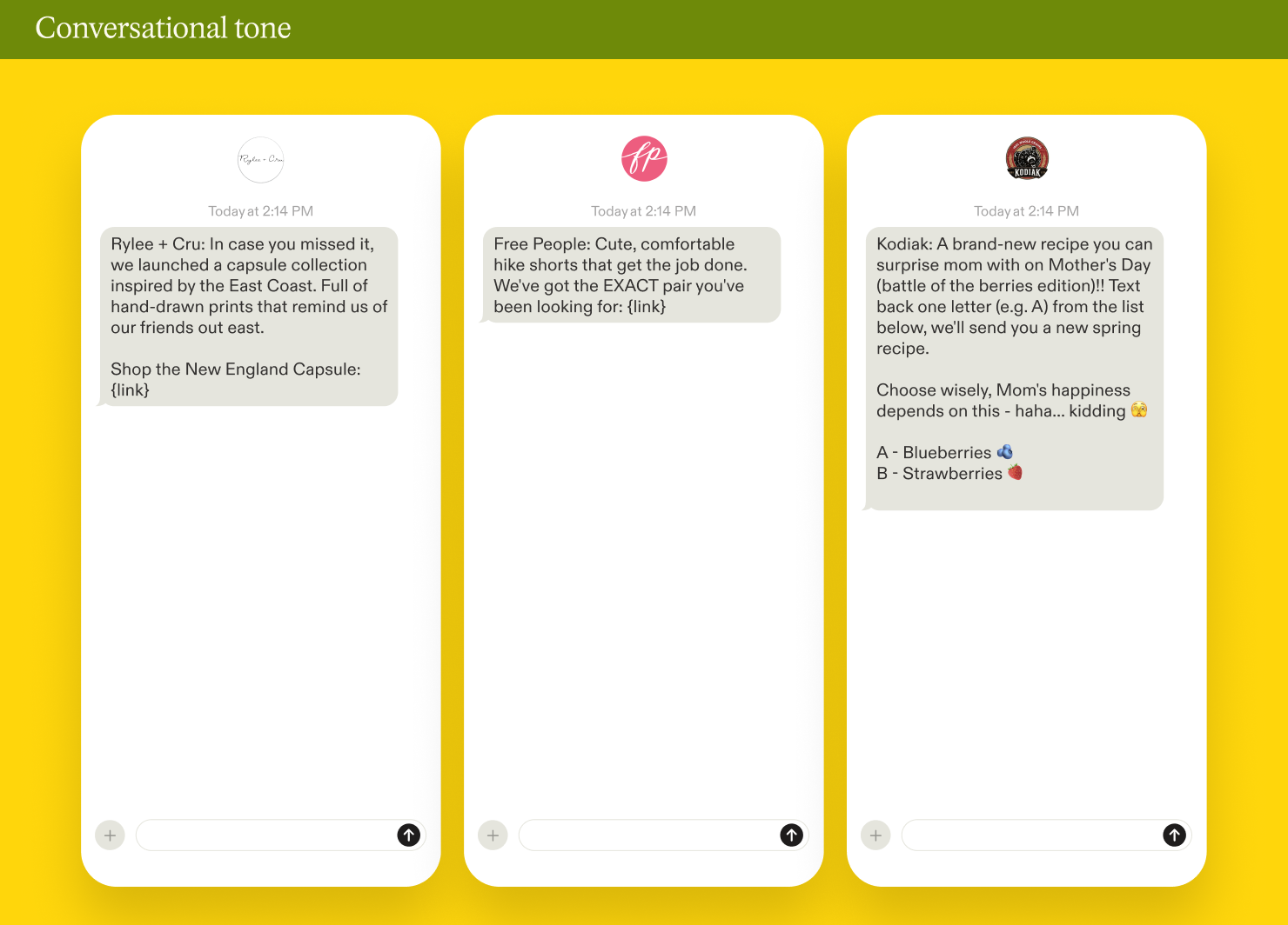 Examples of conversational tone in SMS marketing campaigns