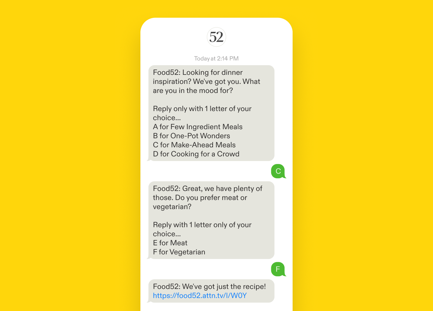 Food 52 text message