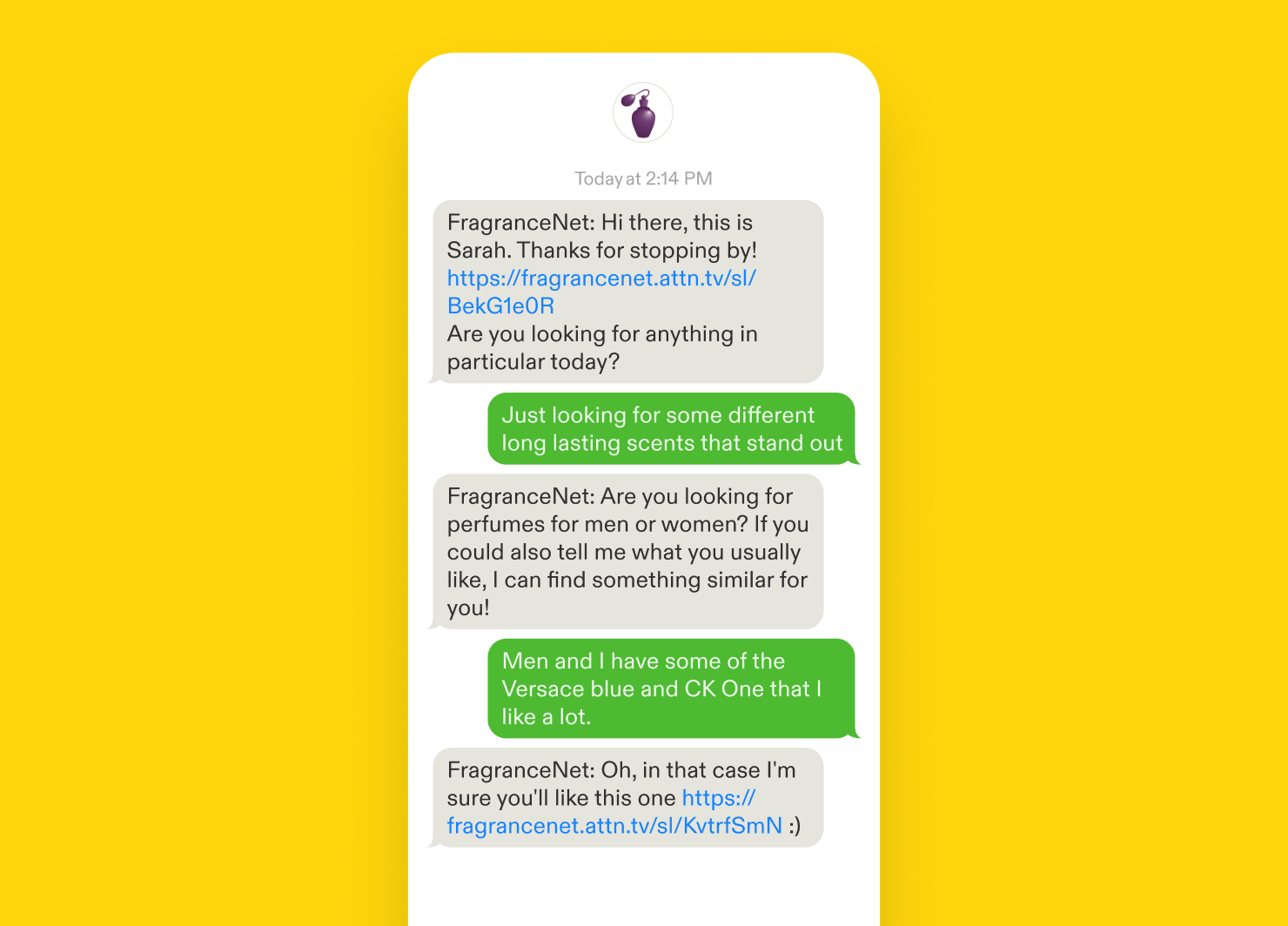 FrangranceNet text message example